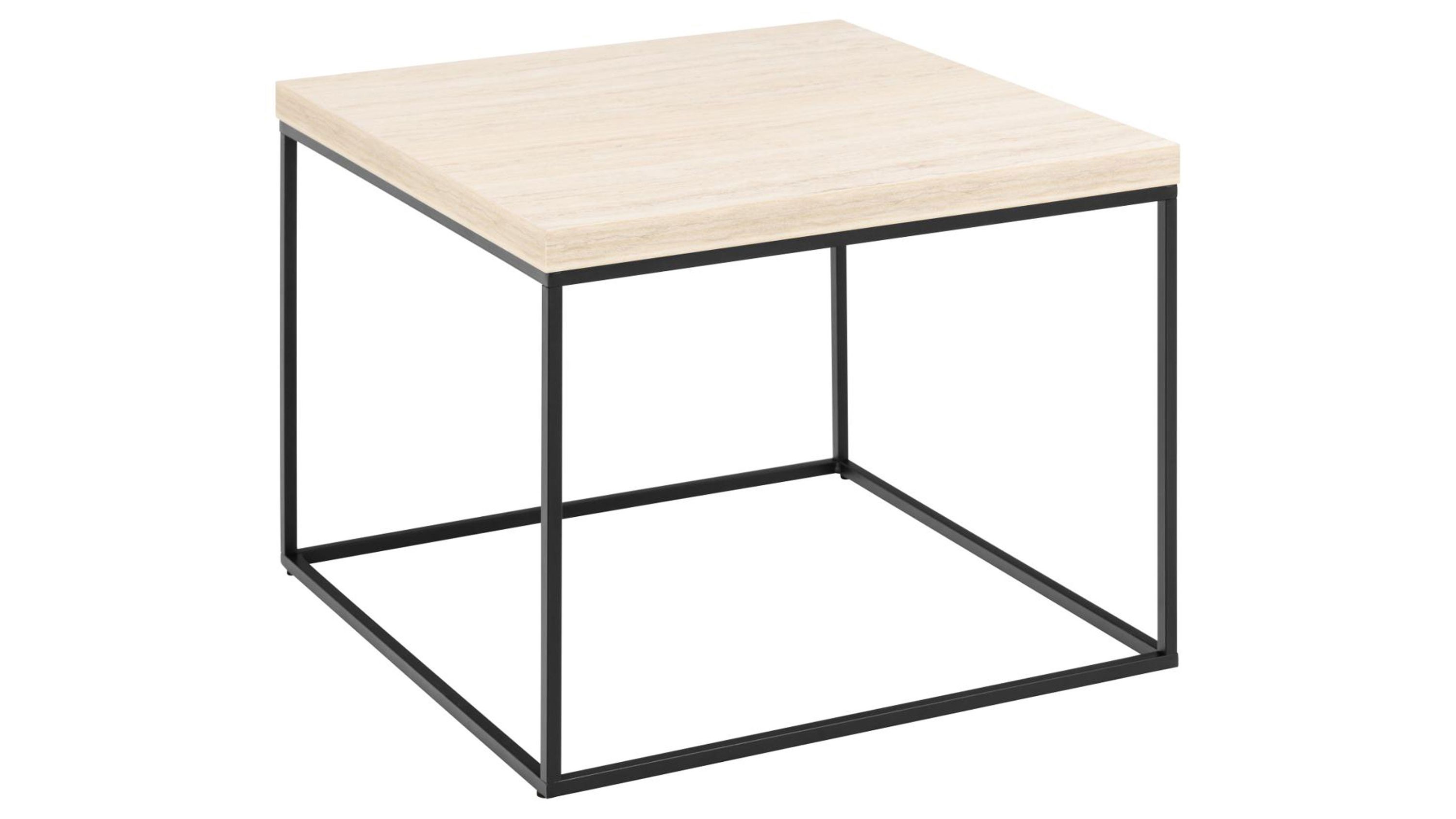 Quadratischer Couchtisch mit beiger Tischplatte und schwarzem Metallgestell