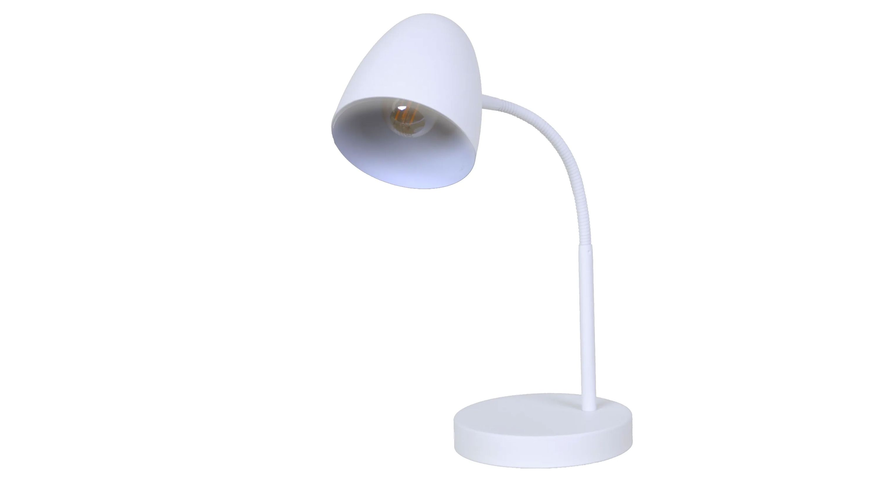 Weiße Tischlampe mit gebogenem Arm Weiße Tischlampe mit rundem Sockel und gebogenem Arm