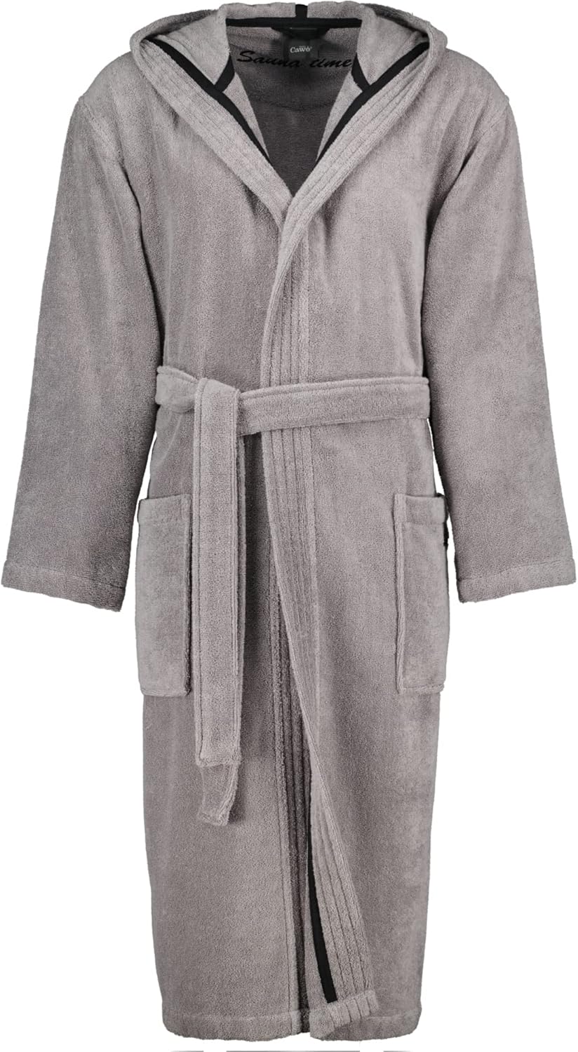 Damen-Bademantel grau in Steinoptik mit Kapuze und Gürtel  aufgenommen frontal auf weißem Hintergrund