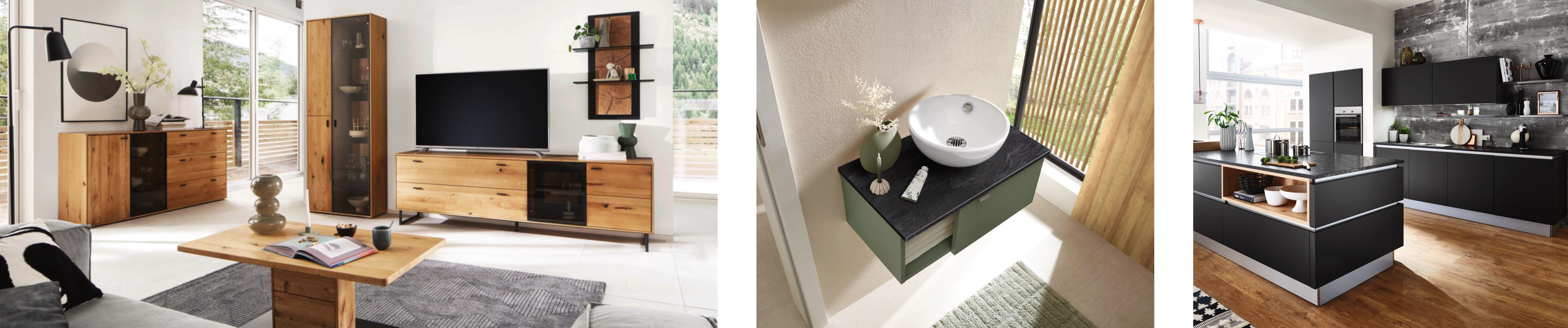 Modern eingerichtete Wohnräume mit Holzmöbeln im Wohnzimmer, grünem Badmöbel mit Aufsatzwaschbecken und schwarzer Designküche.
