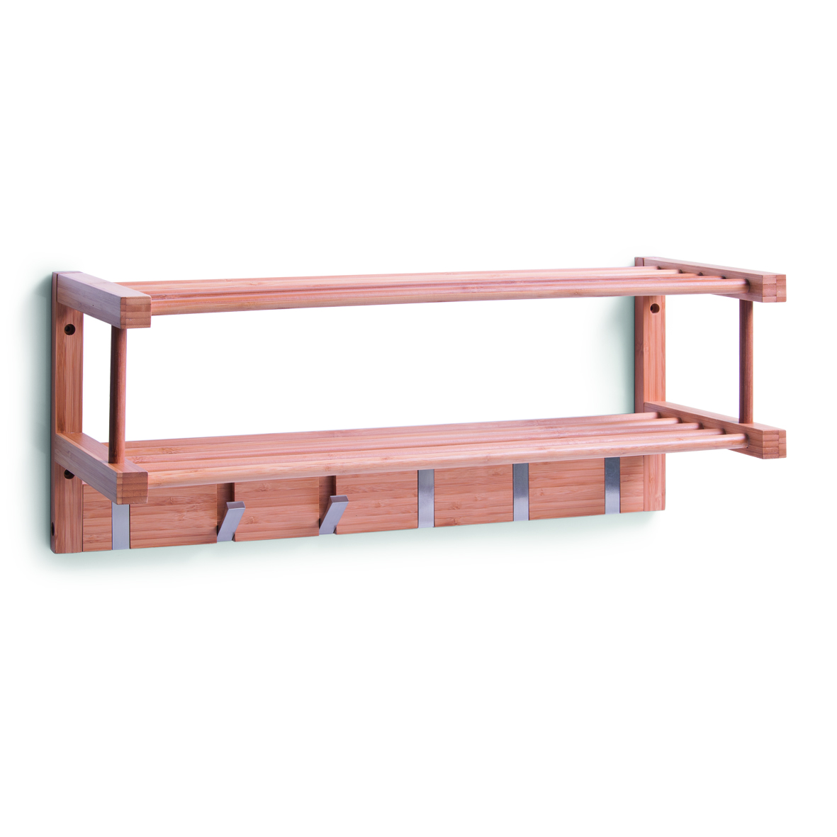 Wandgarderobe aus hellem Holz mit zwei Ablagen und vier Metallhaken