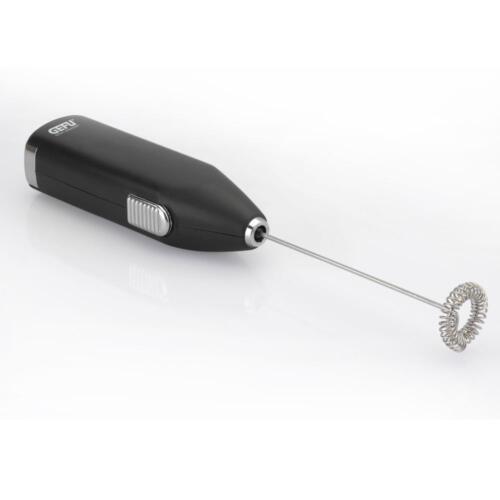 Milchaufschäumer mit ergonomischem Soft-Touch-Griff und filigranem Edelstahl-Quirl auf heller Fläche