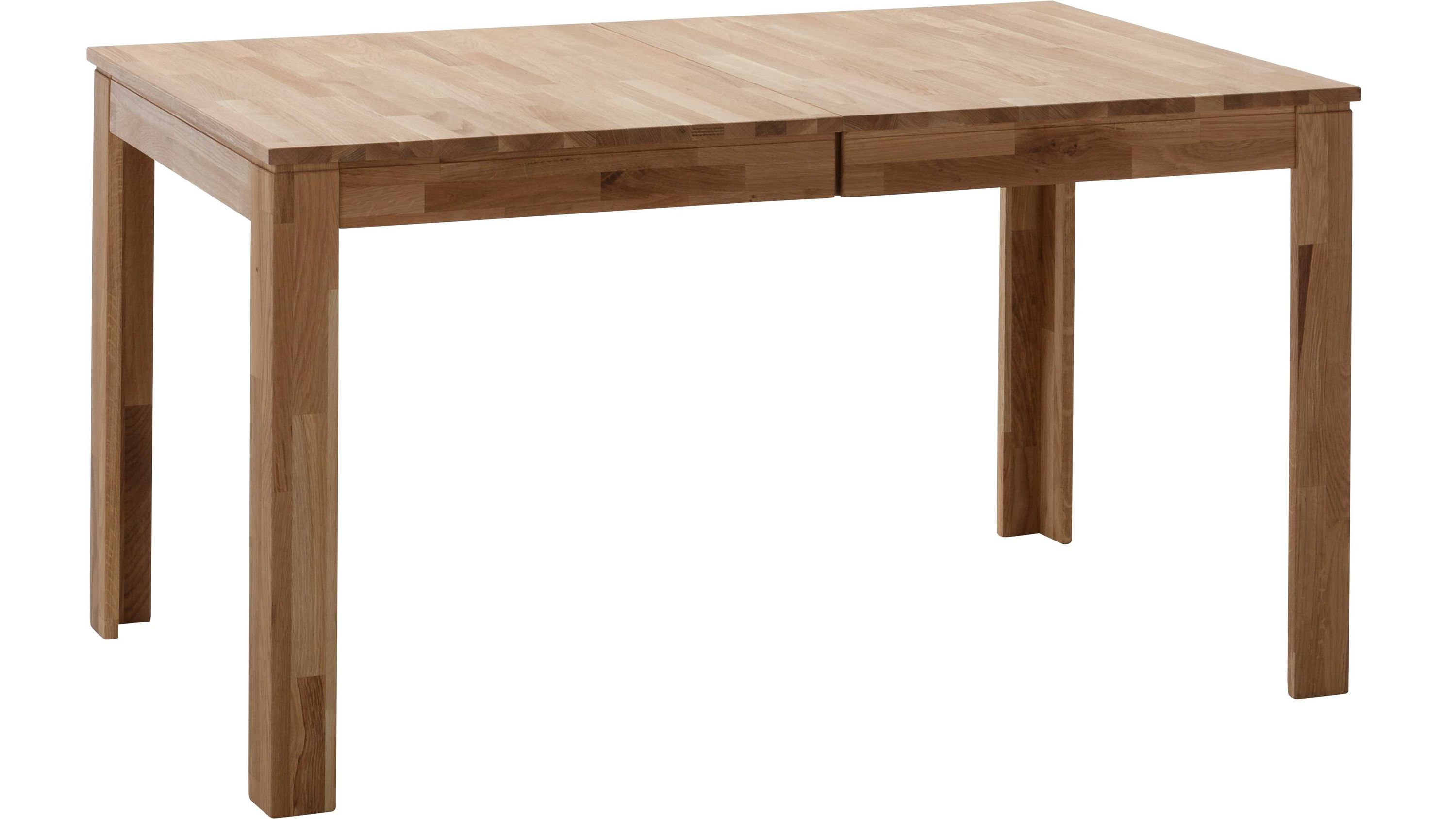 Rechteckiger Esstisch aus hellem Holz mit vier Beinen und Ausziehfunktion
