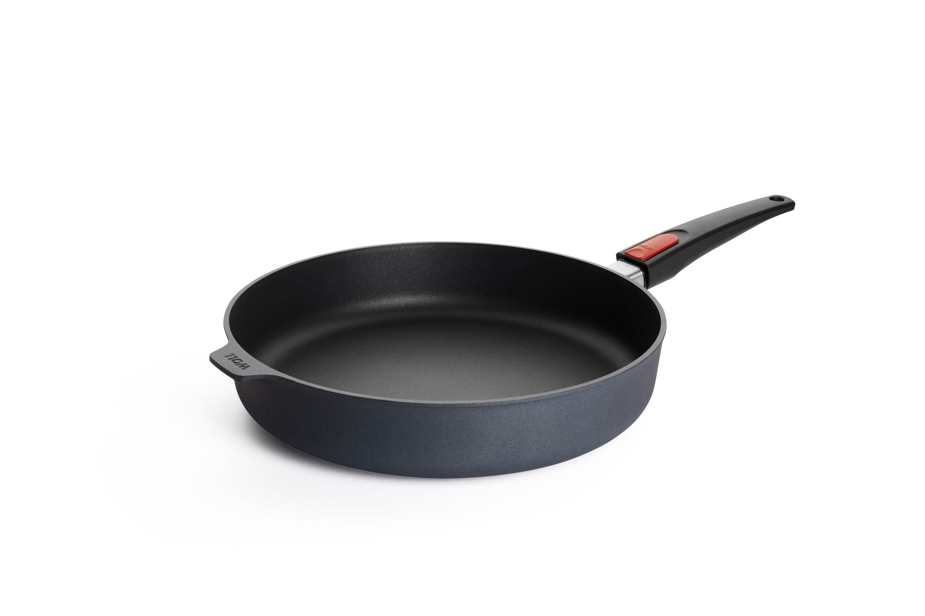 Runde WOLL-Servierpfanne ohne Deckel, tief mit Antihaftbeschichtung und rotem Sicherheitsgriff.