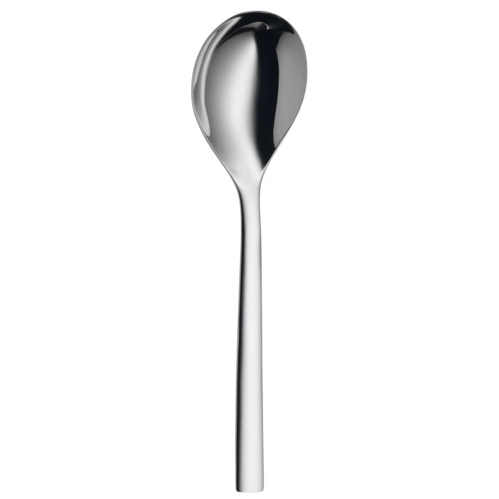 WMF Servierlöffel Nuova Edelstahl Cromargan 25 cm modernes Design Frontalansicht silberner Servierlöffel mit langem schlankem Griff ovaler Löffelkopf auf hellem Hintergrund präsentiert