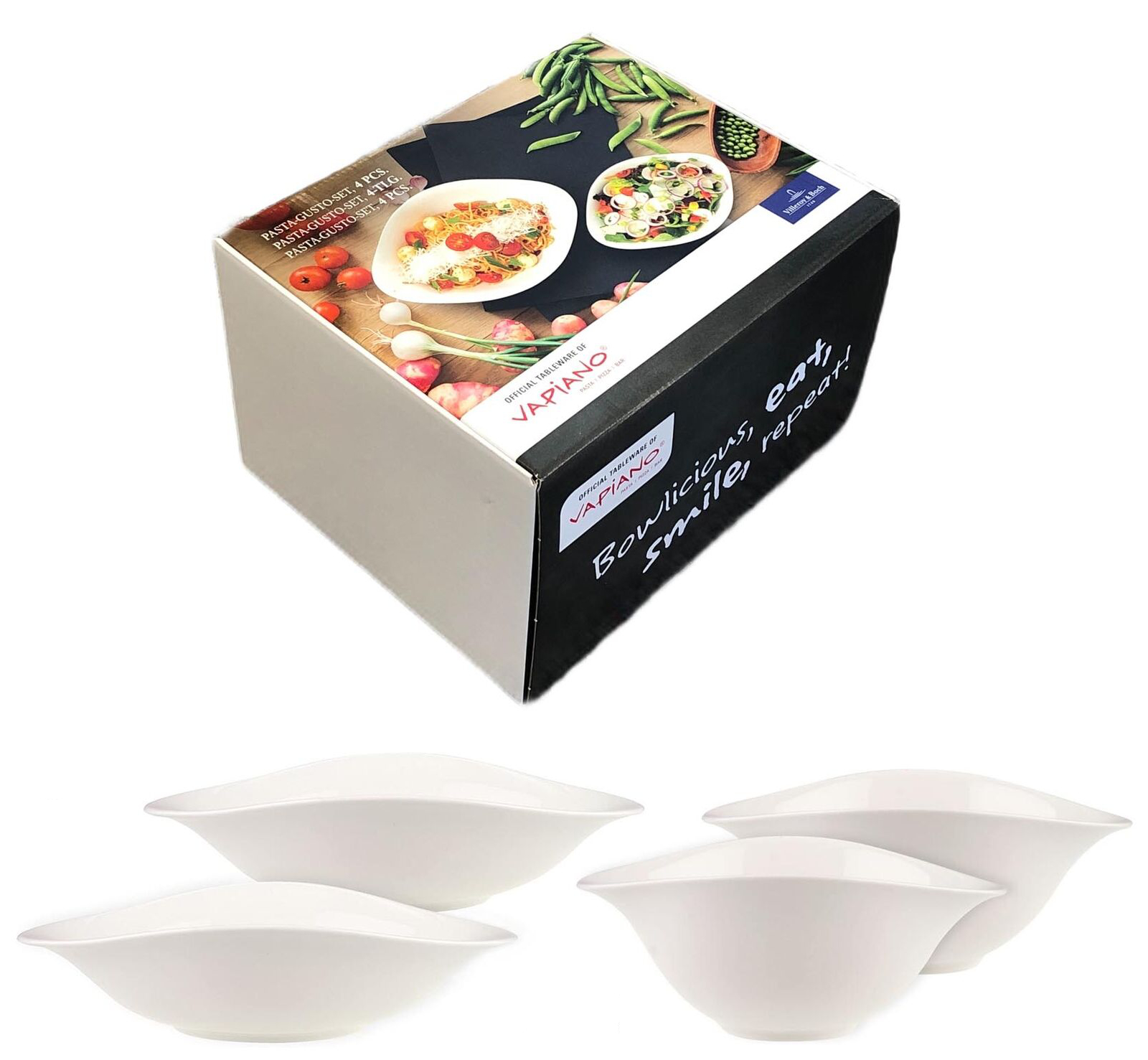Vier weiße Vapiano-Schalen vor Verpackung mit Food-Motiven und dem Slogan „Bowl-icious! eat, smile, repeat!“