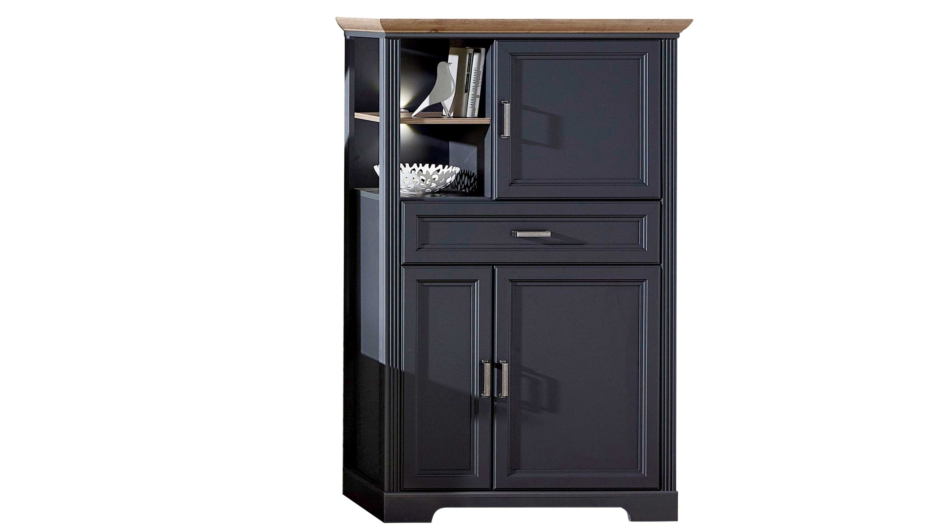 Hohes Sideboard mit Türen und Schublade in dunkler Farbe Hohes Sideboard mit drei Türen einer Schublade offener Regalfläche dunkelgrau und hellbraun