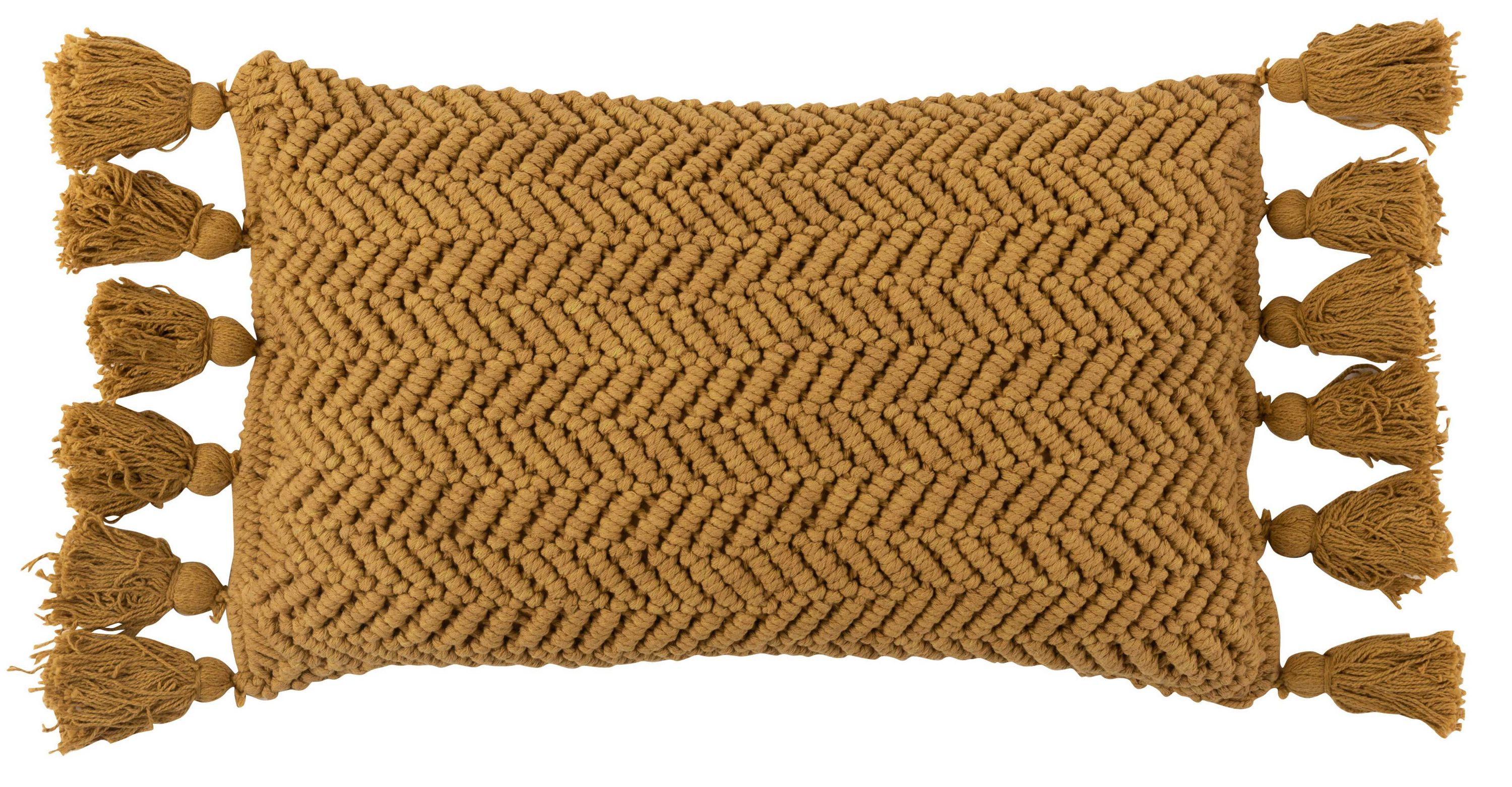 Kissenhülle rechteckig ocker mit Quasten Rechteckige Kissenhülle in ocker mit Zickzackmuster und Quasten an den kurzen Seiten