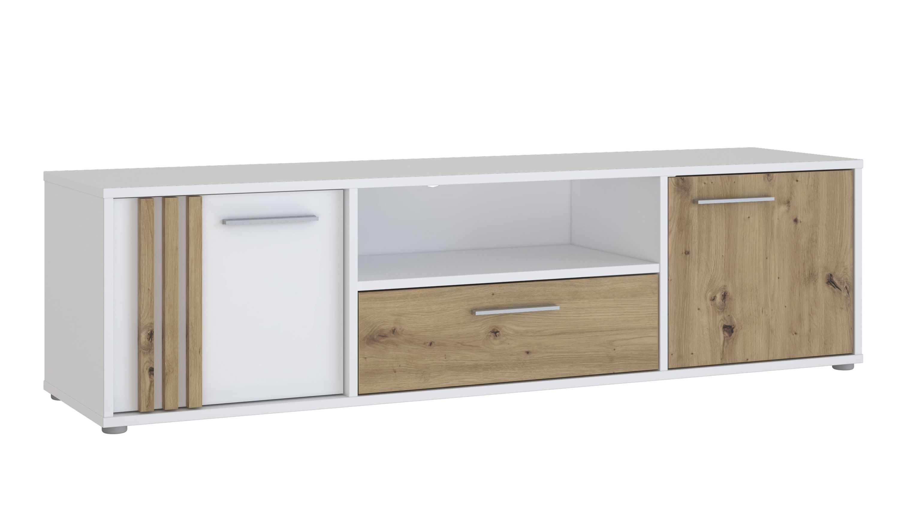 Niedrige Kommode mit Türen und Schublade in weiß und Holzoptik Niedrige Kommode mit zwei Türen und einer Schublade in weiß und holzfarben mit Griffen