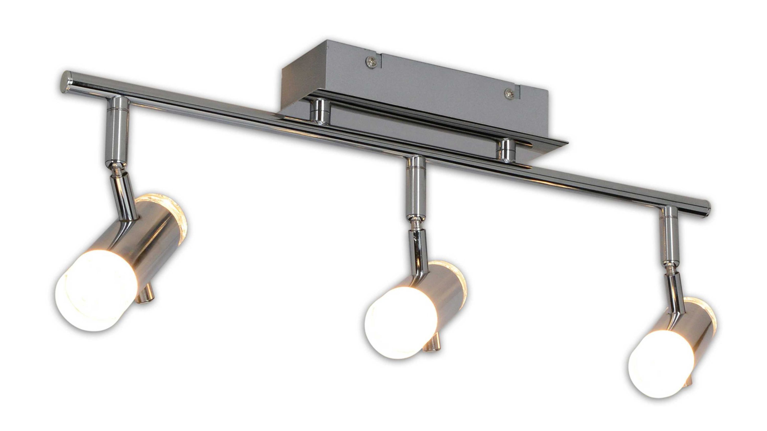 LED-Deckenspot mit drei runden Spots in Chrom und Weiß Drei runde LED-Deckenspots an einer geraden Stange in Chrom mit weißen Acrylabdeckungen