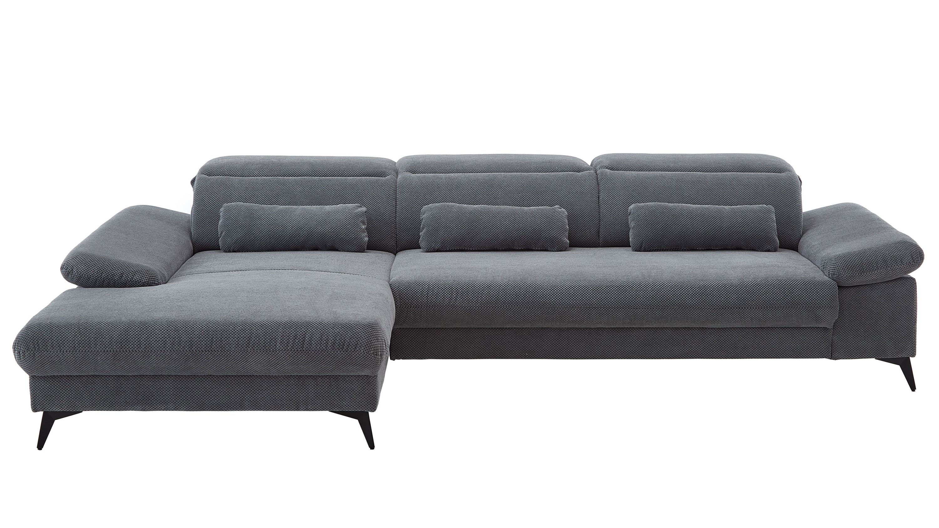 Graues Ecksofa mit Velourbezug und drei Rückenlehnenpolstern