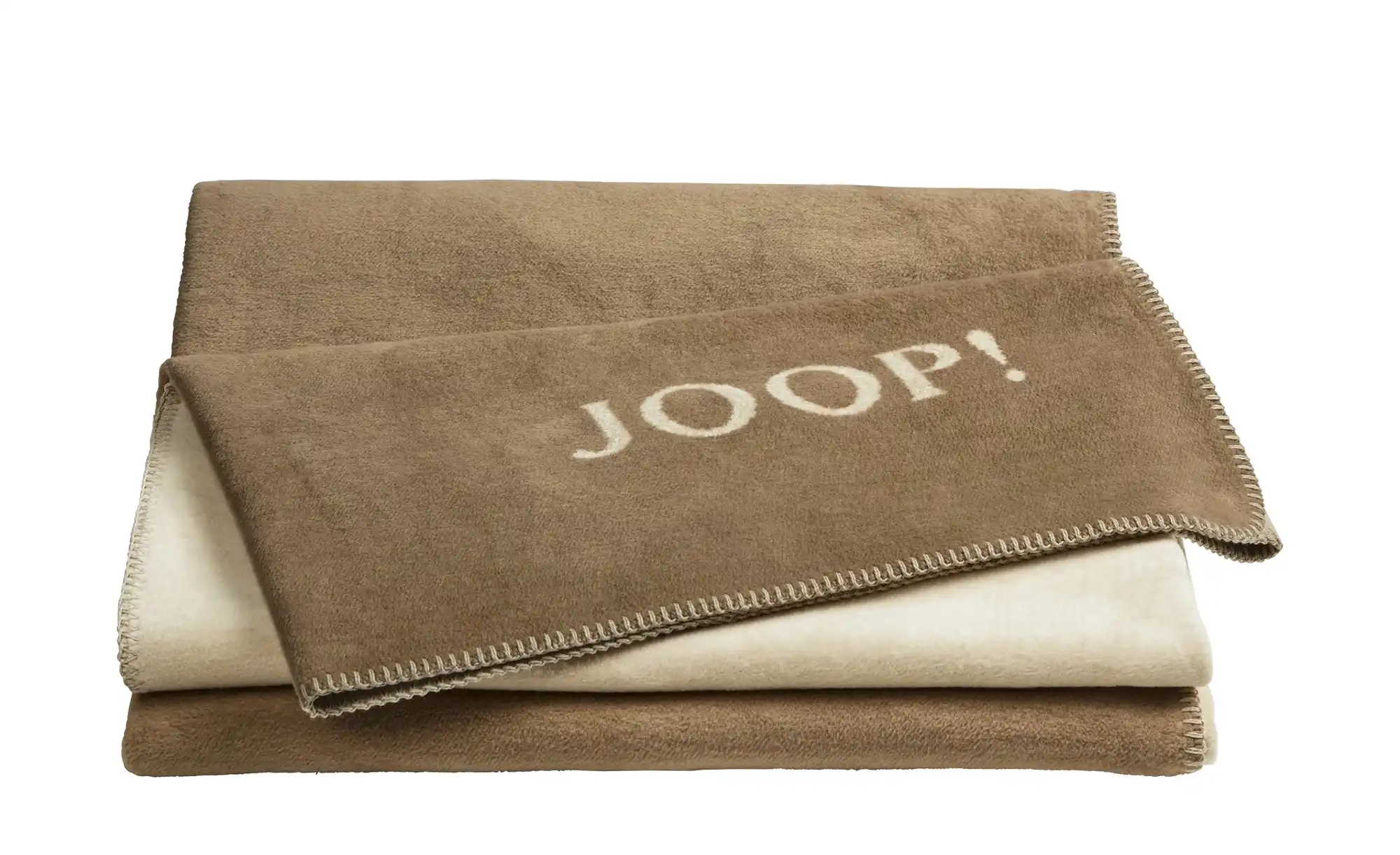 Gefaltete zweiseitige Kuscheldecke mit Logo eine Seite braun andere beige frontal von erhöhter Position