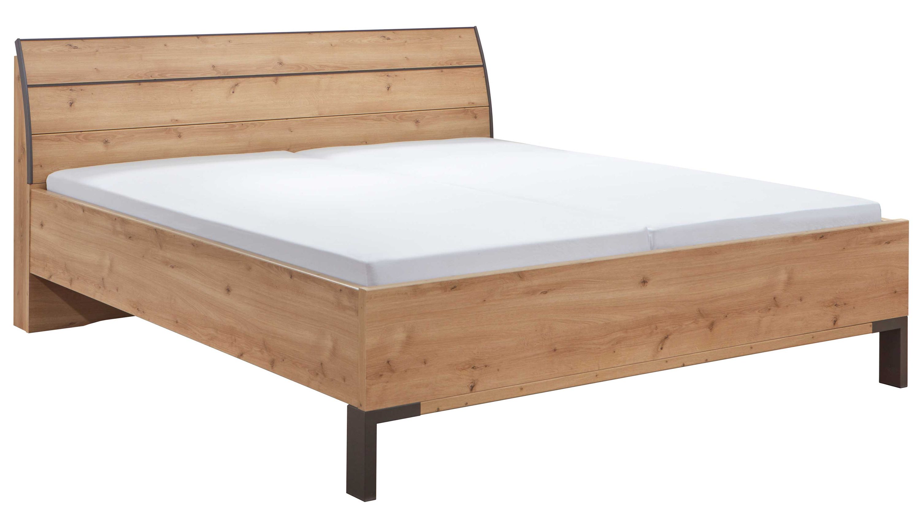 Bettgestell in Holzoptik mit hohem Kopfteil und Metallbeinen Bettgestell mit hohem Kopfteil in Holzoptik und dunklen Metallbeinen mit weißer Matratze