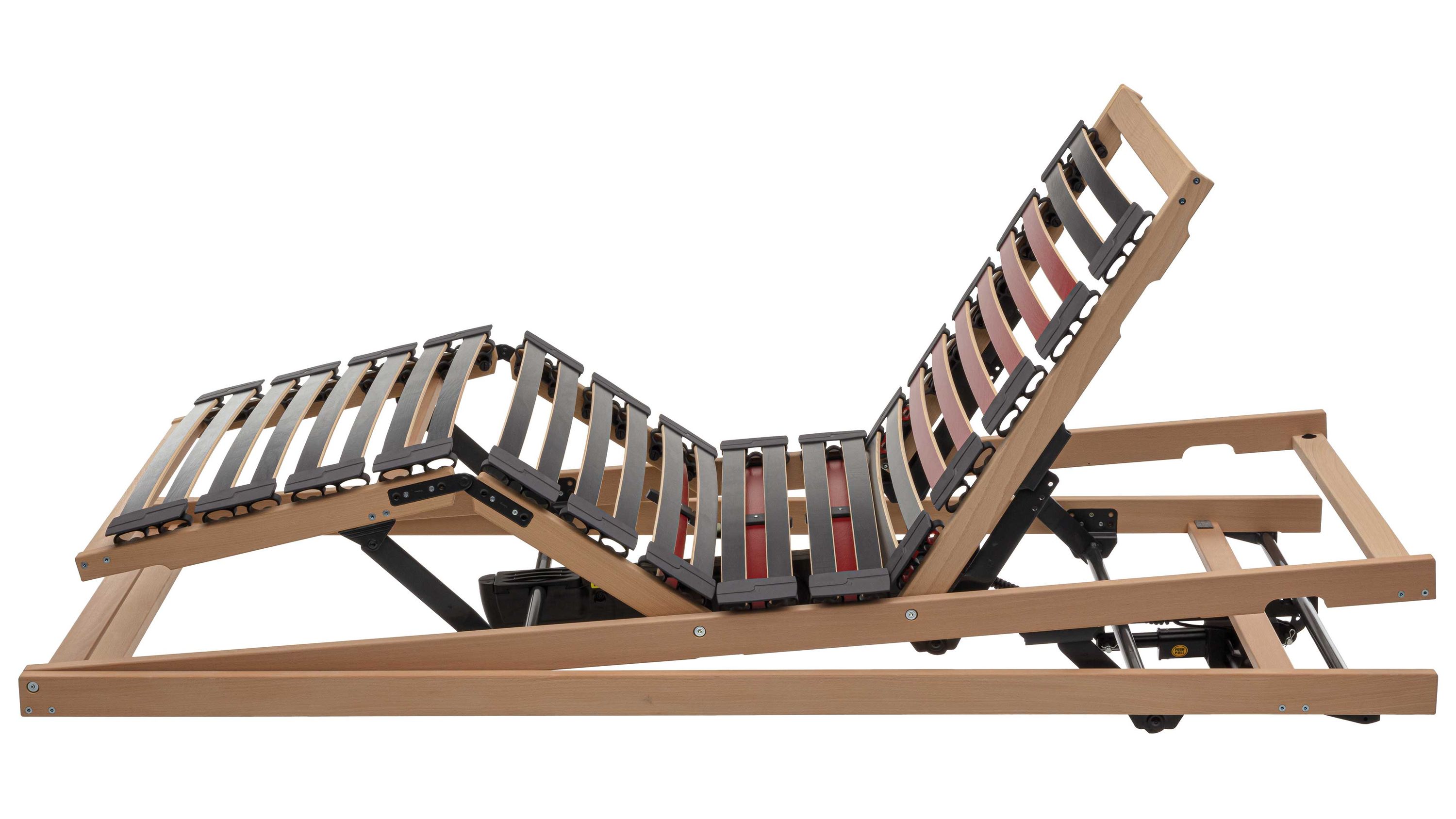 Motorisch verstellbarer Lattenrost mit Holzlatten Motorisch verstellbarer Lattenrost mit dreiteiliger Holzlattenauflage und Metallrahmen in Holzfarbe