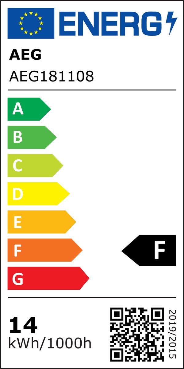 Energieeffizienzlabel der AEG181108 Wandleuchte (Klasse F 14 kWh/1000h) frontal mit Skala und QR-Code sichtbar