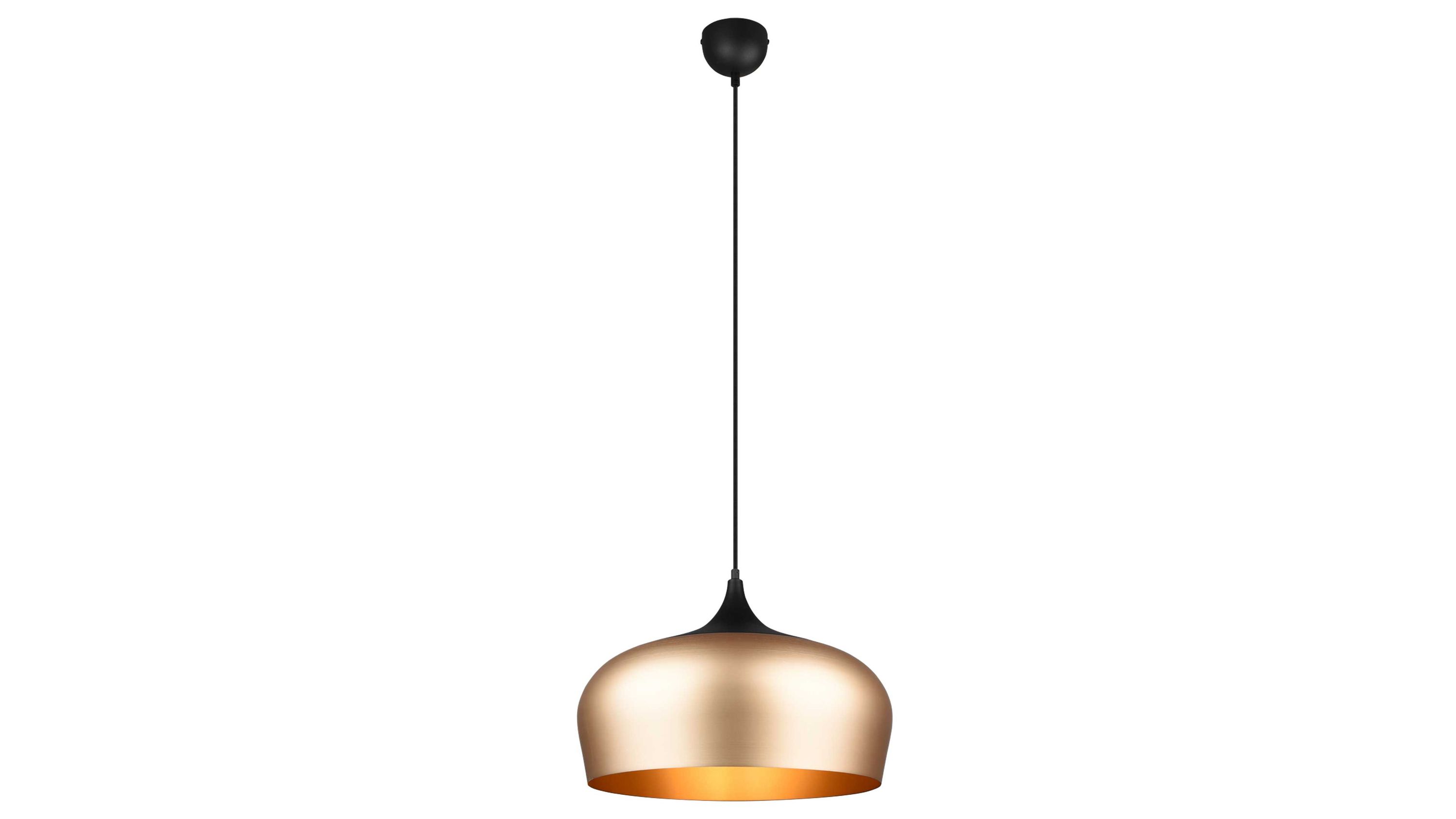 Runde Pendelleuchte mit Messingschirm und schwarzem Kabel Pendelleuchte mit rundem glattem Schirm in Messingfarbe und schwarzem Kabel