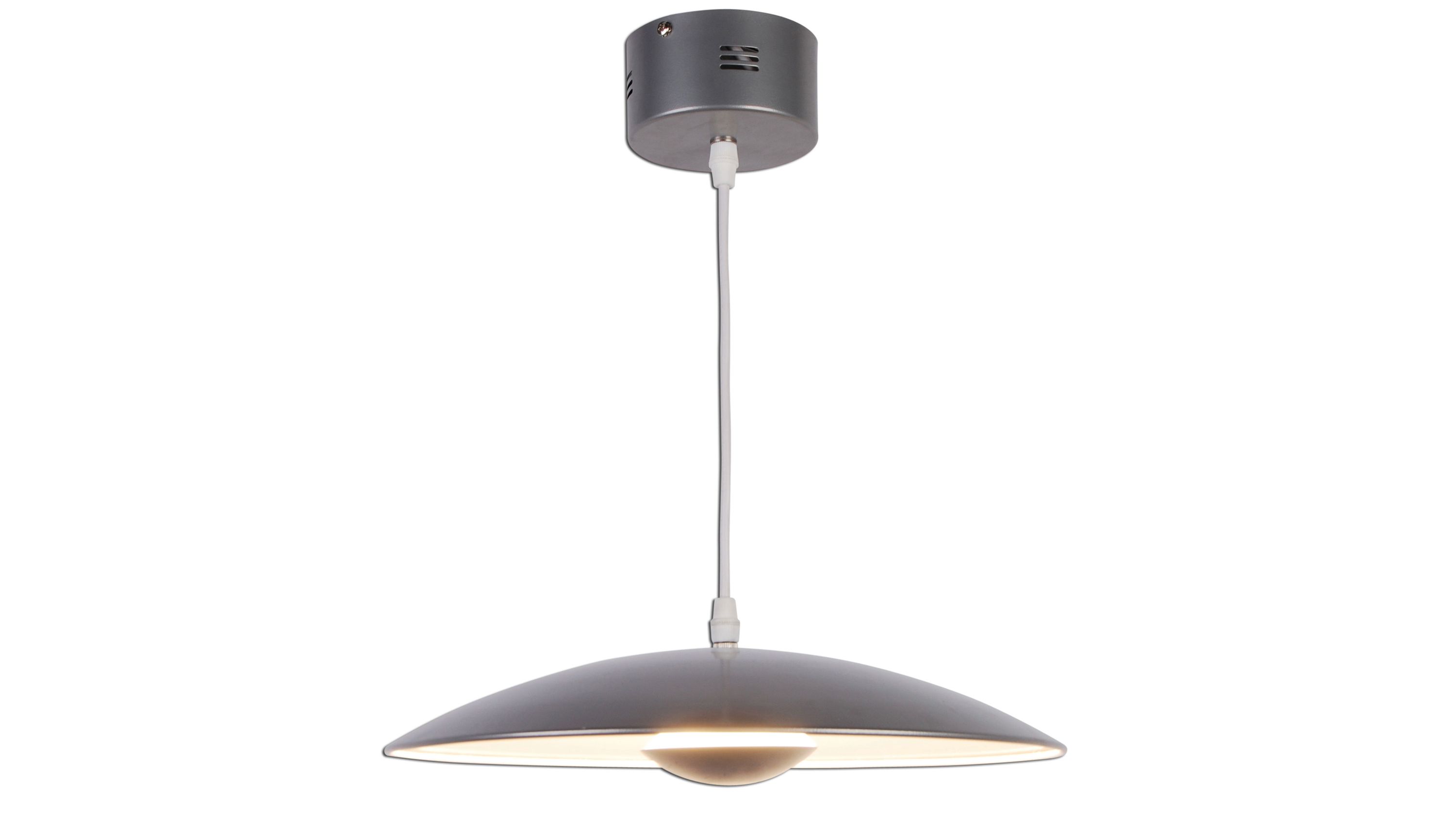 Runde Hängelampe mit flacher silberfarbener Metalloberfläche und LED-Leuchte