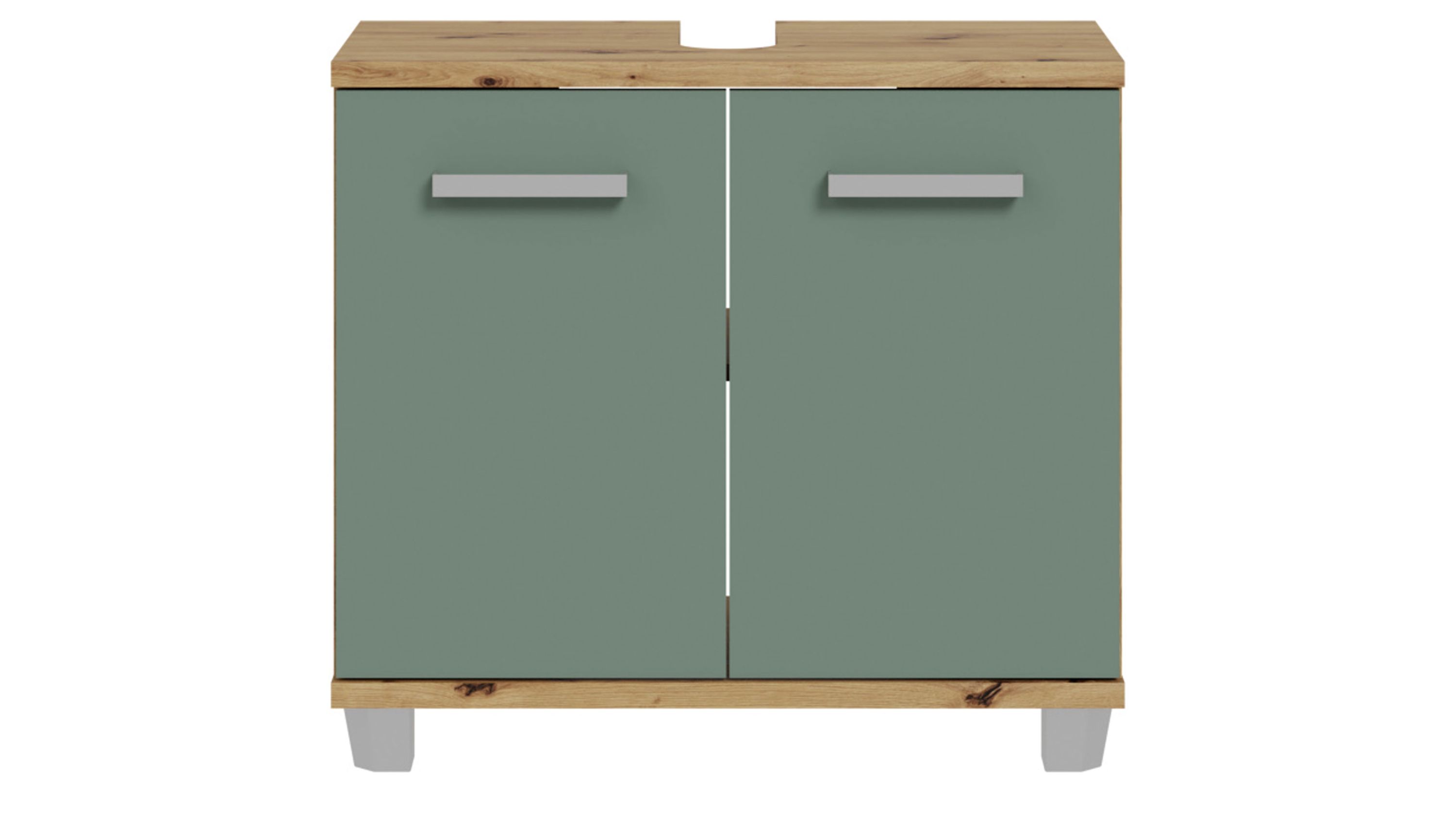 Waschbeckenunterschrank mit grünen Türen und Holzplatte Waschbeckenunterschrank mit zwei grünen Türen und Holzplatte in Eichenoptik