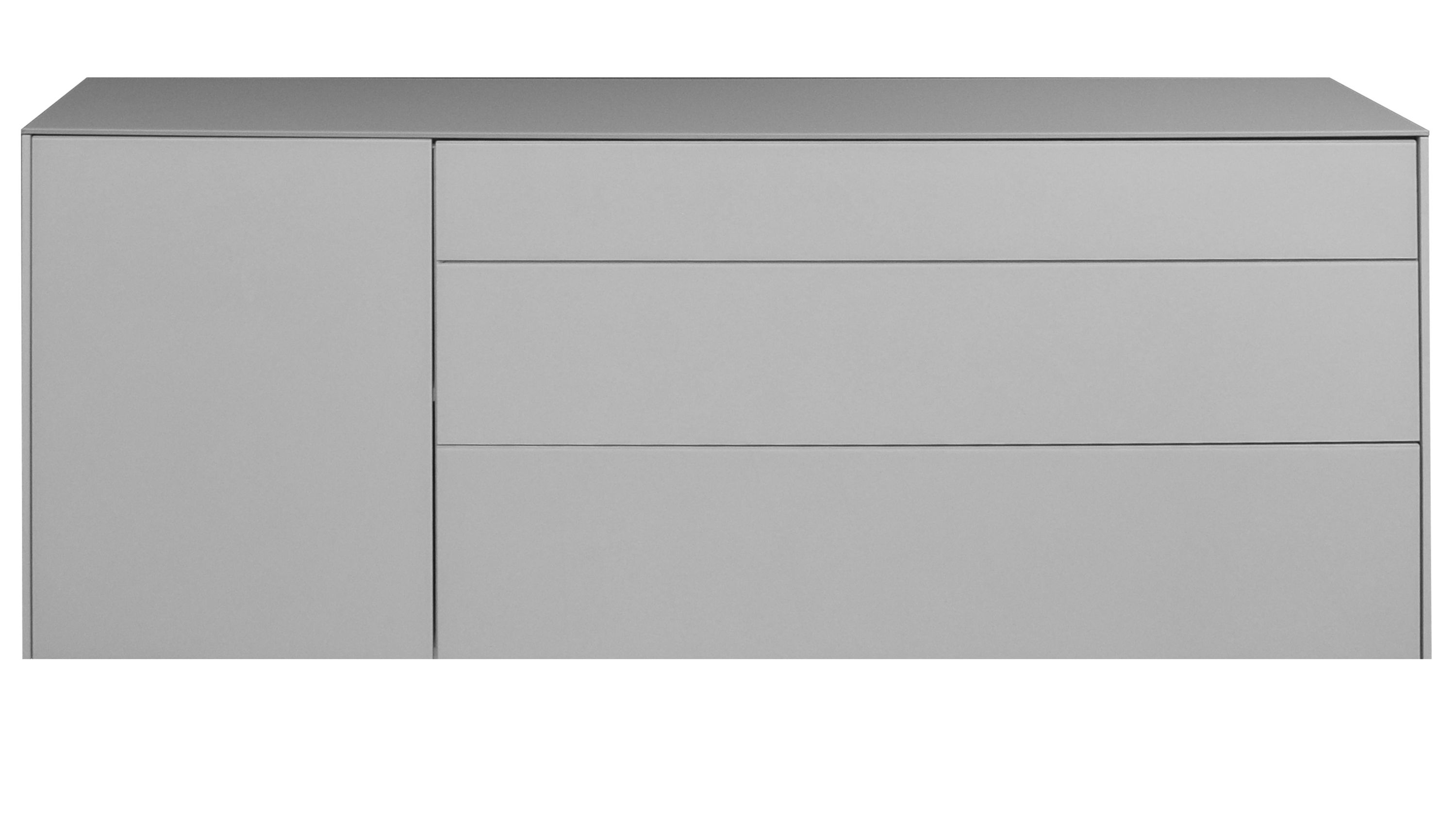 Lowboard mit einer Tür links und drei Schubladen rechts in grauer Farbe