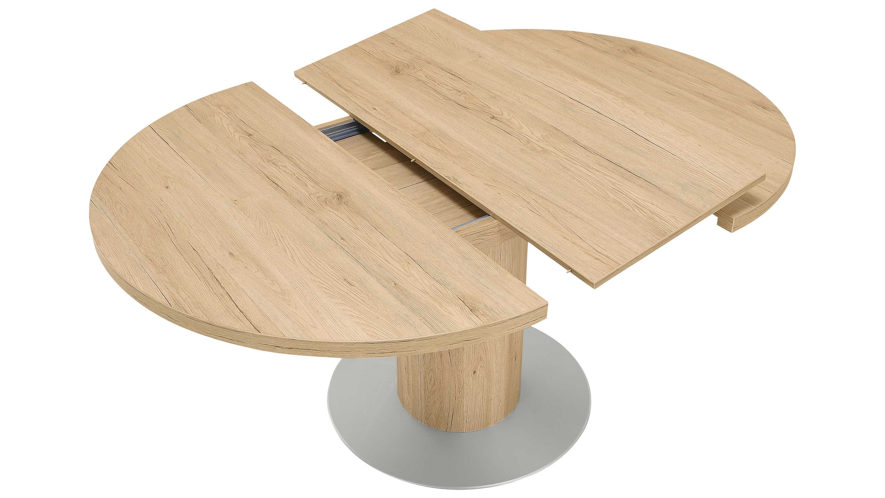 Runder Ausziehtisch mit Holzoptik Tischplatte und runder Metallbasis in Silber