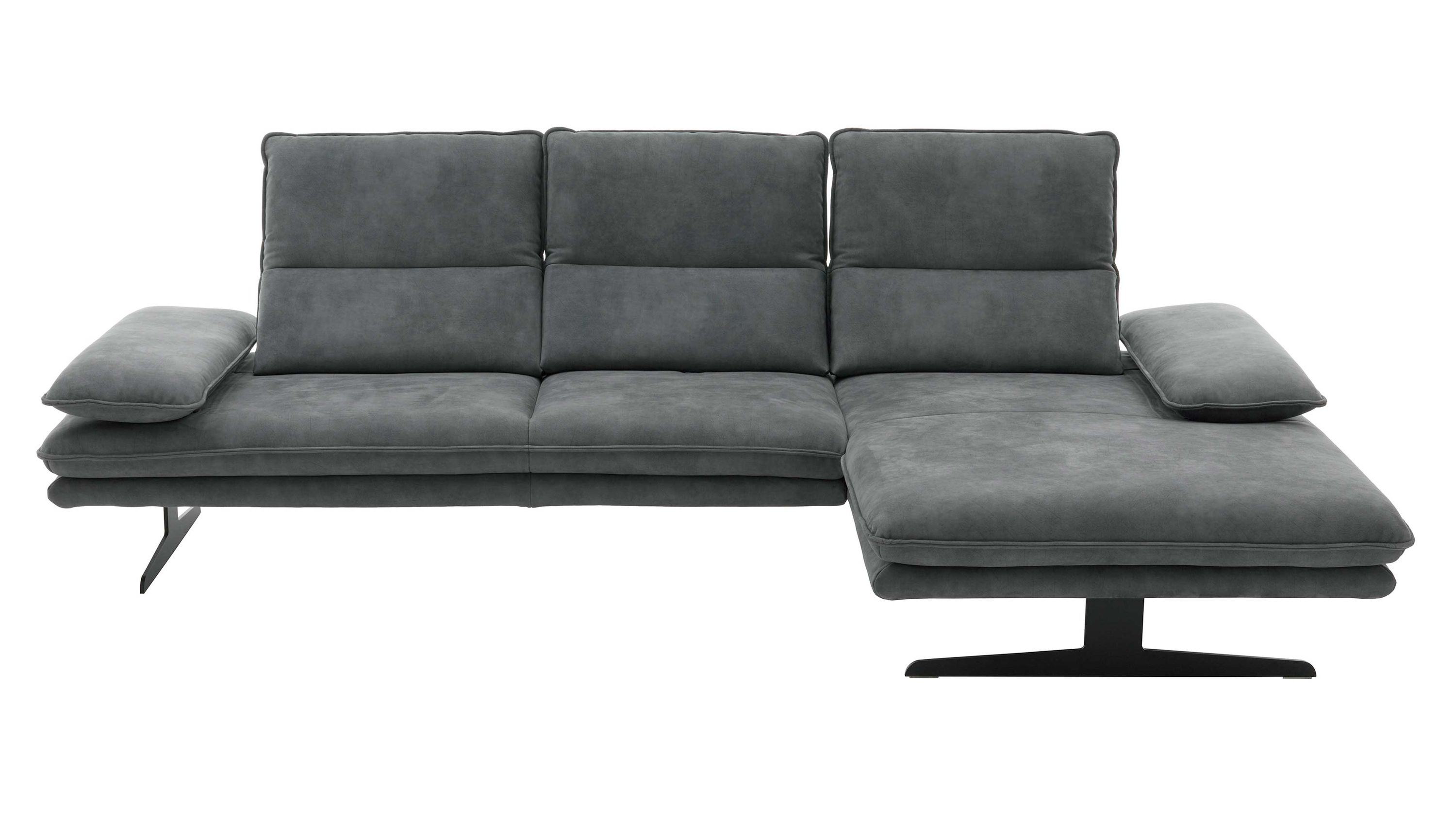 Ecksofa mit drei Rückenlehnen und zwei Armlehnen in grauem Bezug auf schwarzen Metallfüßen