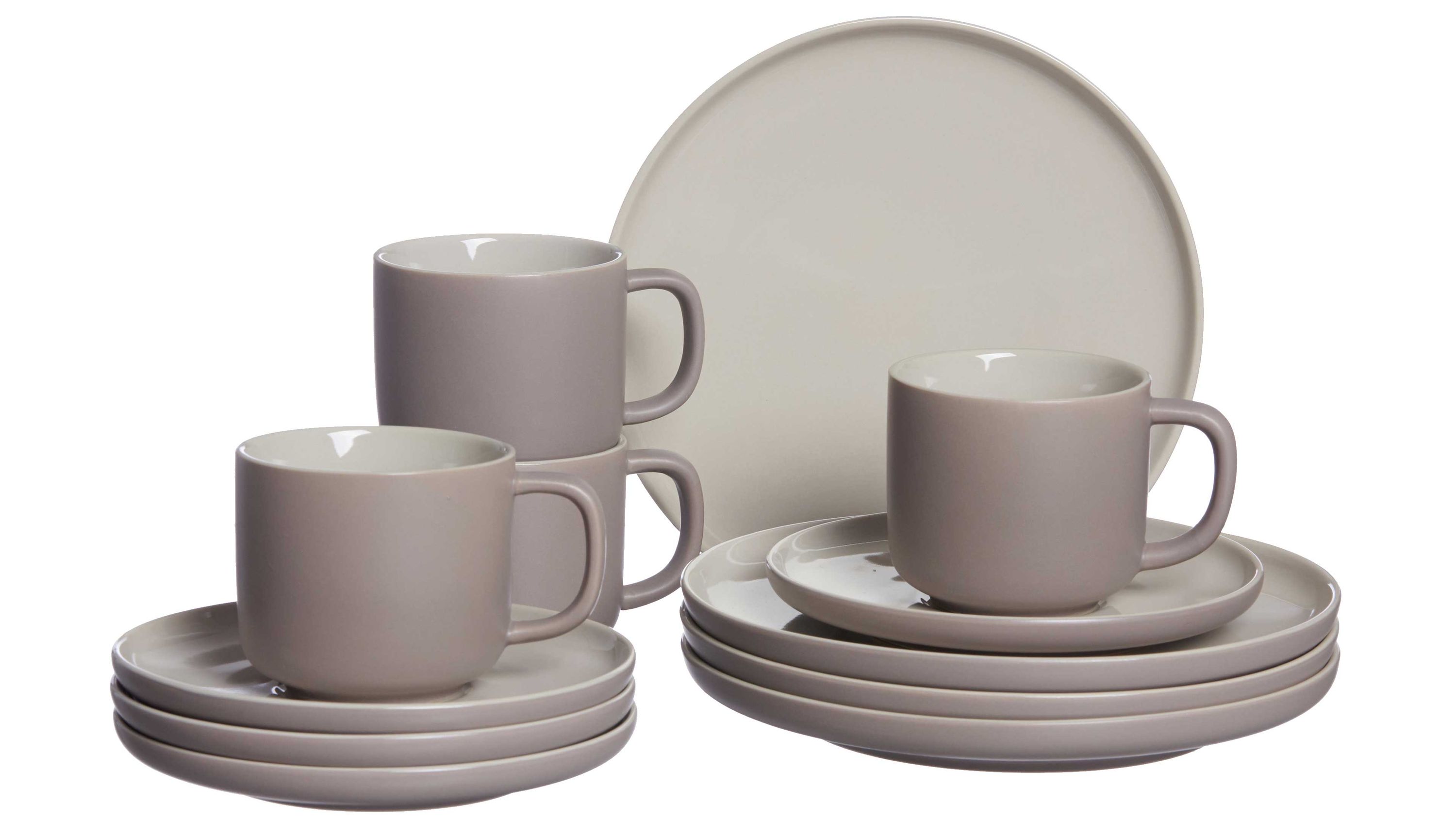 Kaffeegeschirr aus Keramik in Taupe mit Tassen und Tellern Rundes Kaffeegeschirr aus taupefarbener Keramik mit Tassen und Untertassen