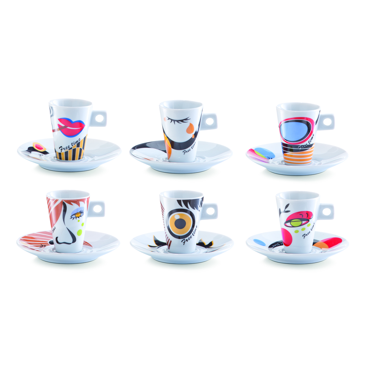 Espressotassen-Set weißes Porzellan & Faces-Print - sechsteilig