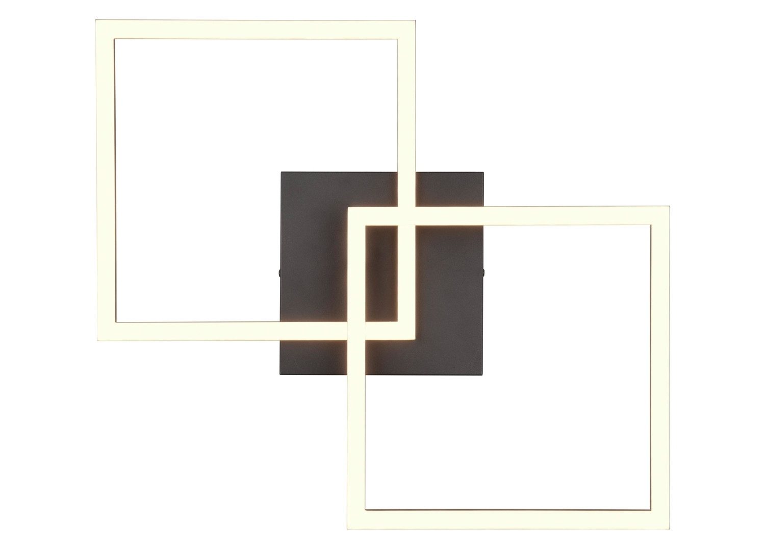 Draufsicht einer modernen LED-Deckenleuchte schwarzem mit zwei überlappenden quadratischen Rahmen in geometrischem Design