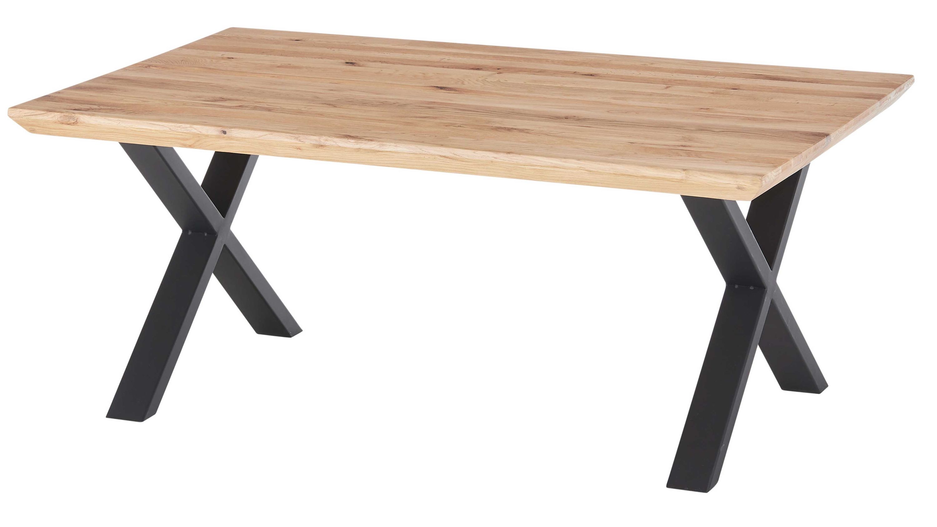 Rechteckiger Couchtisch mit hellem Holzplatte und schwarzen Metallbeinen in X-Form