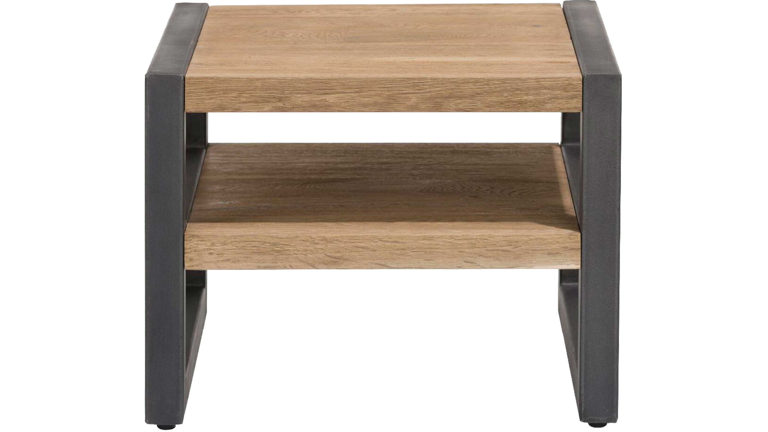 Quadratischer Beistelltisch mit zwei Ablageflächen und braunem Holzdekor seitliche schwarze Rahmen