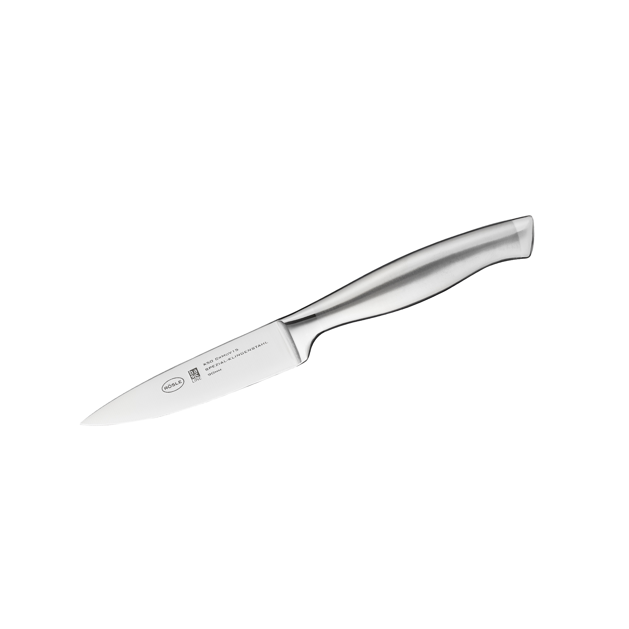 Elegantes Küchenmesser aus Edelstahl Schräg fotografiertes Edelstahl-Küchenmesser mit ergonomischem Griff und scharfer Klinge.