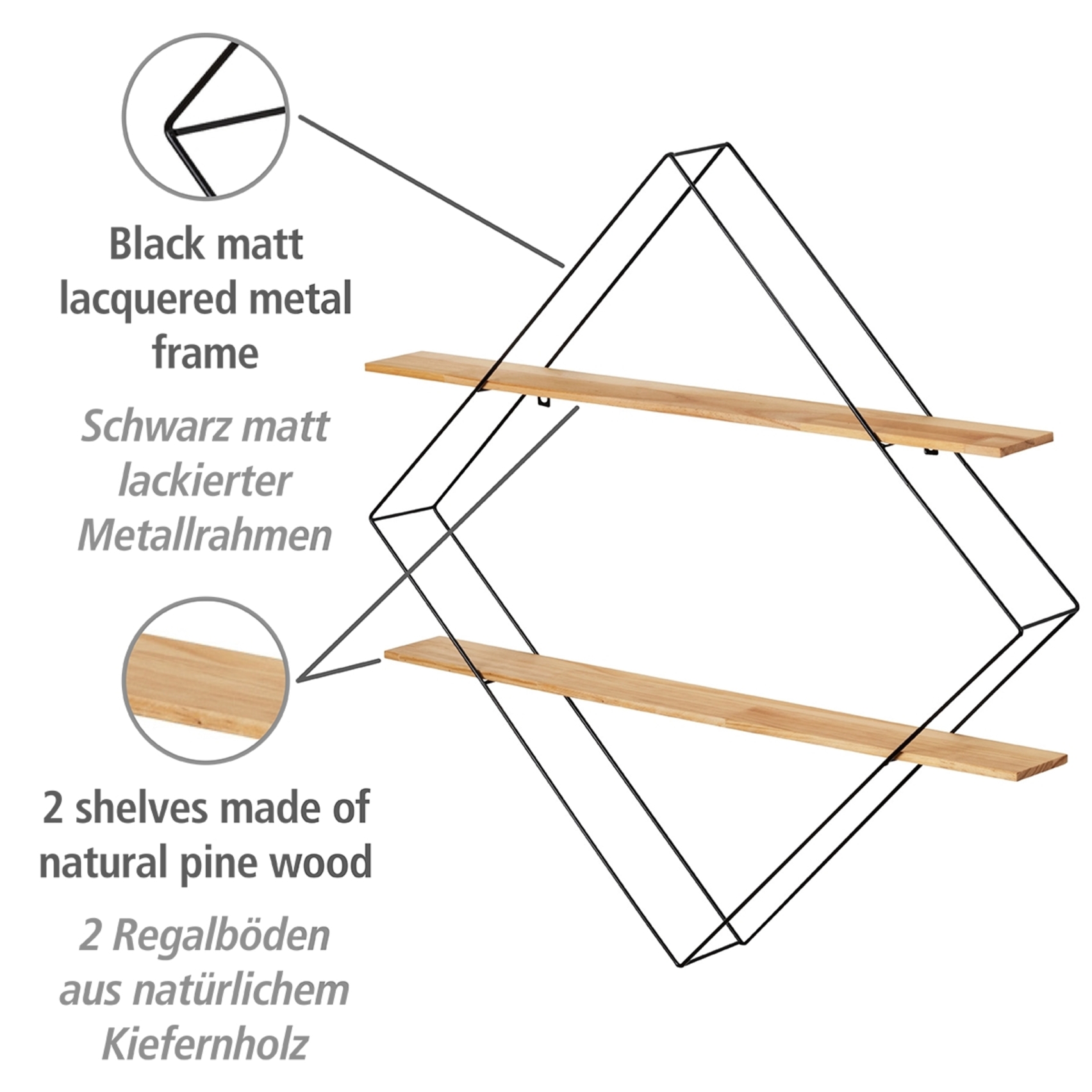 Wandregal mit schwarz mattem Metallrahmen zwei Regalböden aus Kiefernholz frontal fotografiert