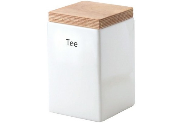 Vorratsdose Tee  1?L  quadratisch  weiße Keramik mit Holzdeckel  modernes Design Weiße Dose  quadratisch  mit geöltem Holzdeckel und Aufschrift Tee