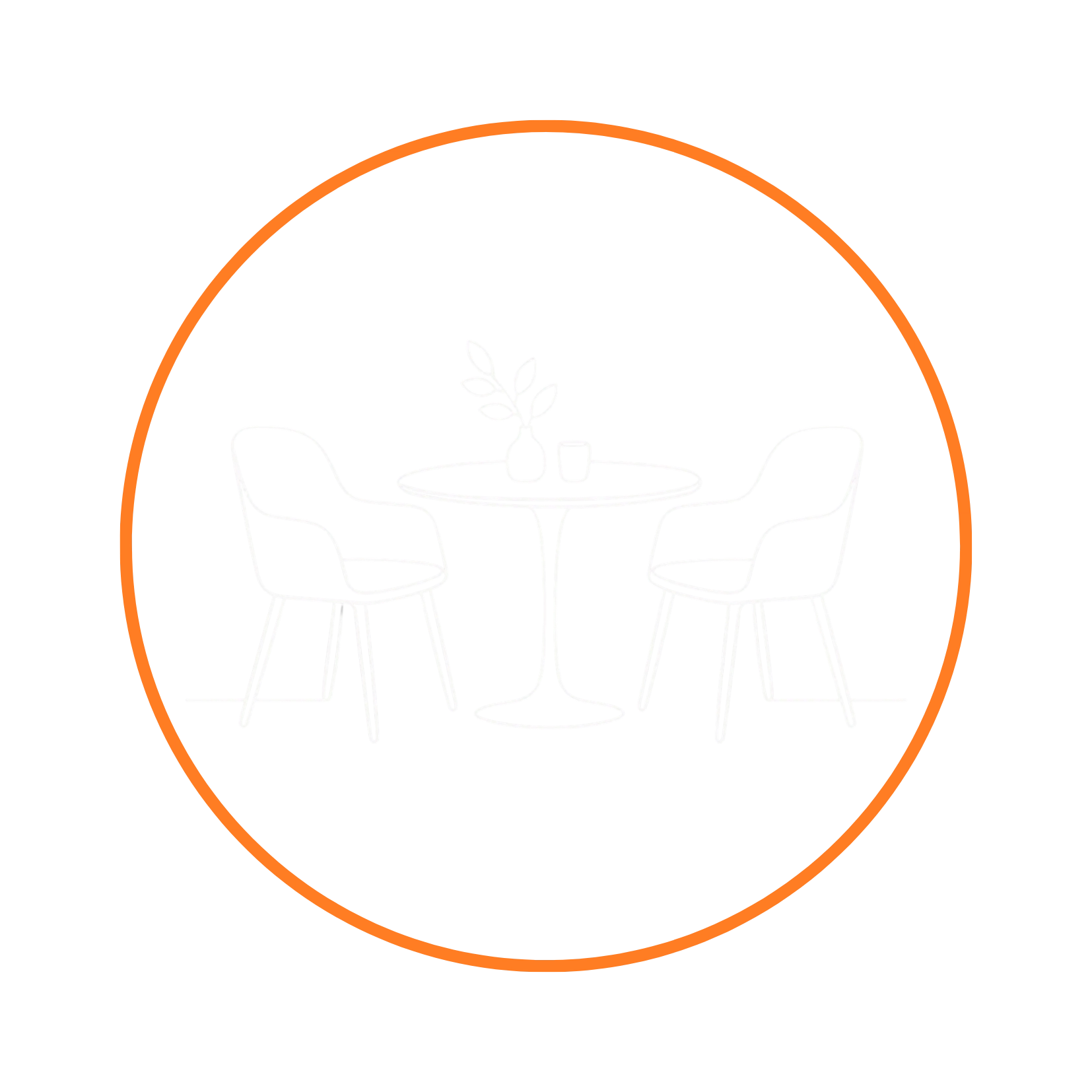 Symbolgrafik einer Sitzgruppe mit rundem Tisch, zwei Polsterstühlen, Vase und Becher im orangefarbenen Kreis.