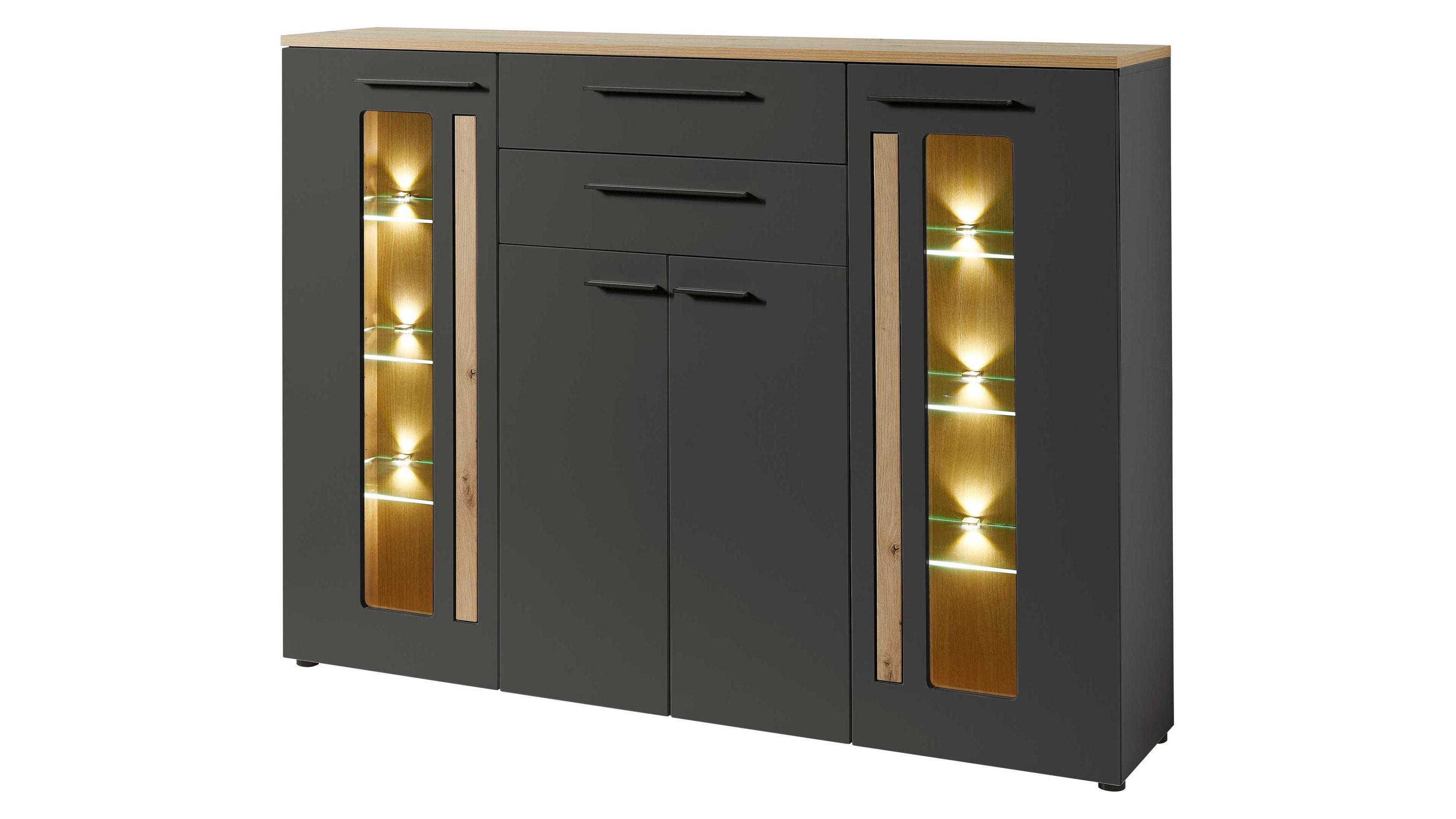 Highboard mit vier Türen und zwei Schubladen in dunklem Grau mit Holzdekor und beleuchteten Glasfronten