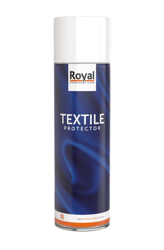 Frontalansicht der Sprühdose Royal Textile Protector von Oranje Royal blau mit weißen und orangefarbenen Akzenten