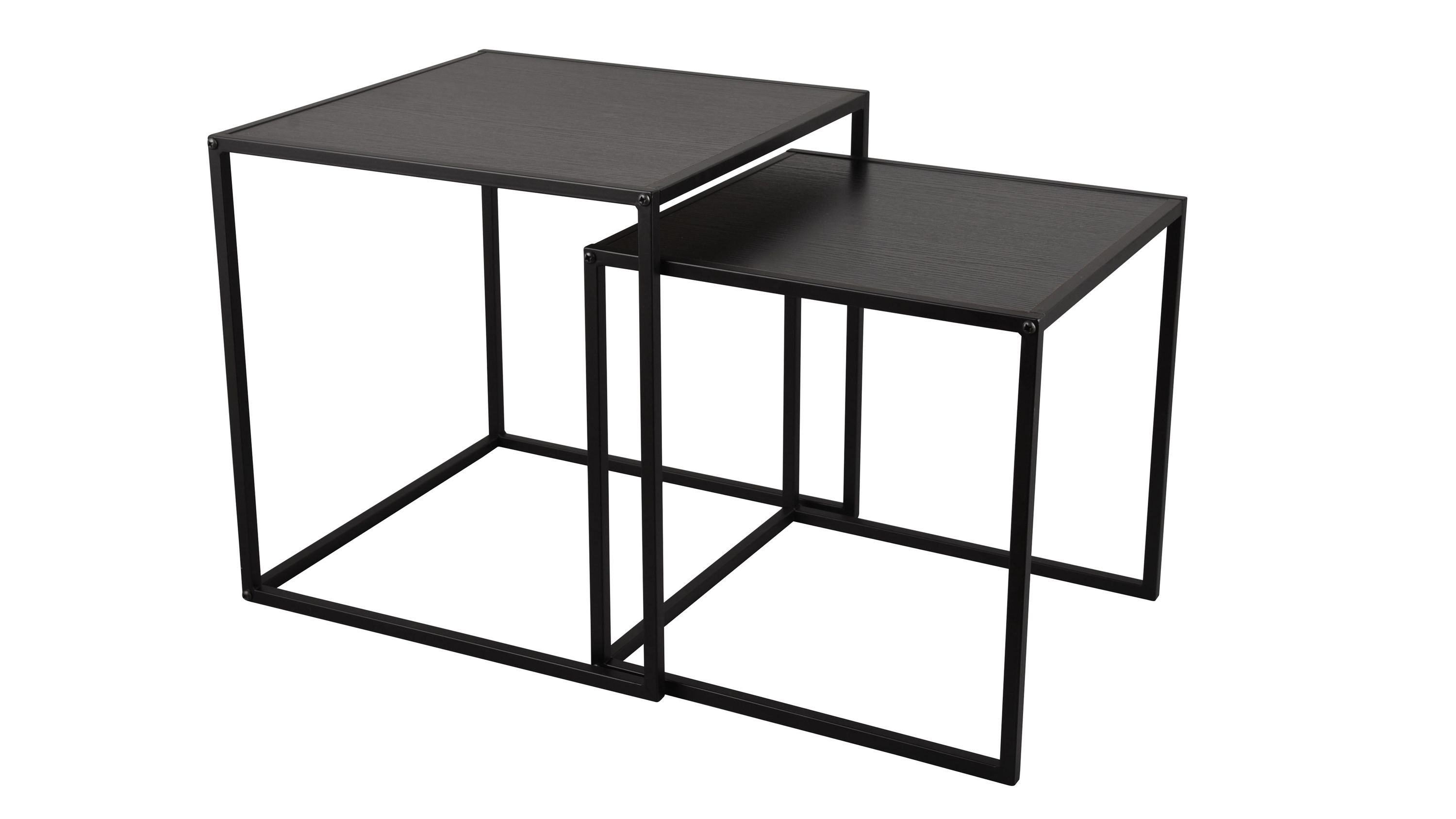 Zwei ineinander gestellte, quadratische Beistelltische mit schwarzer Platte und filigranem Metallgestell.