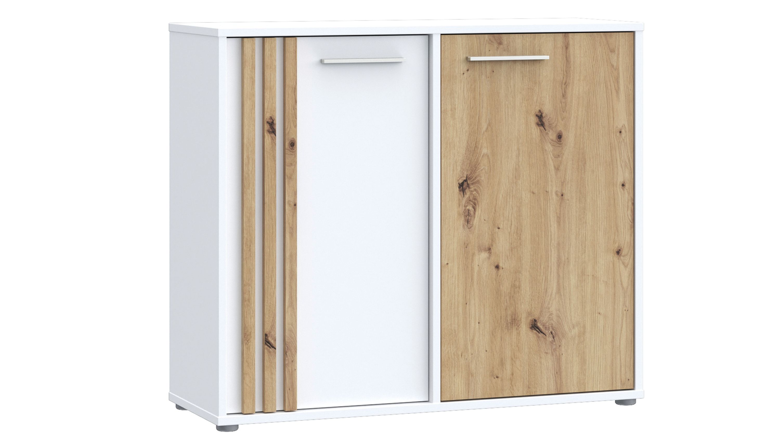 Kommode mit zwei Türen in Weiß und Holzfarben Kommode mit zwei Türen links weiß mit drei vertikalen Holzleisten rechts holzfarben mit Griff