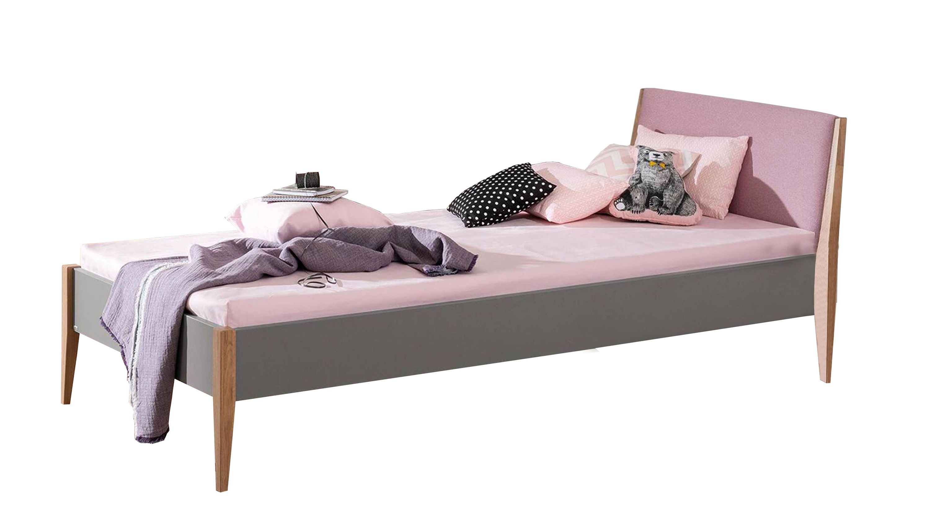 Bettgestell mit rechteckigem Kopfteil in rosa und seitlichen Rahmen in grau mit Holzbeinen