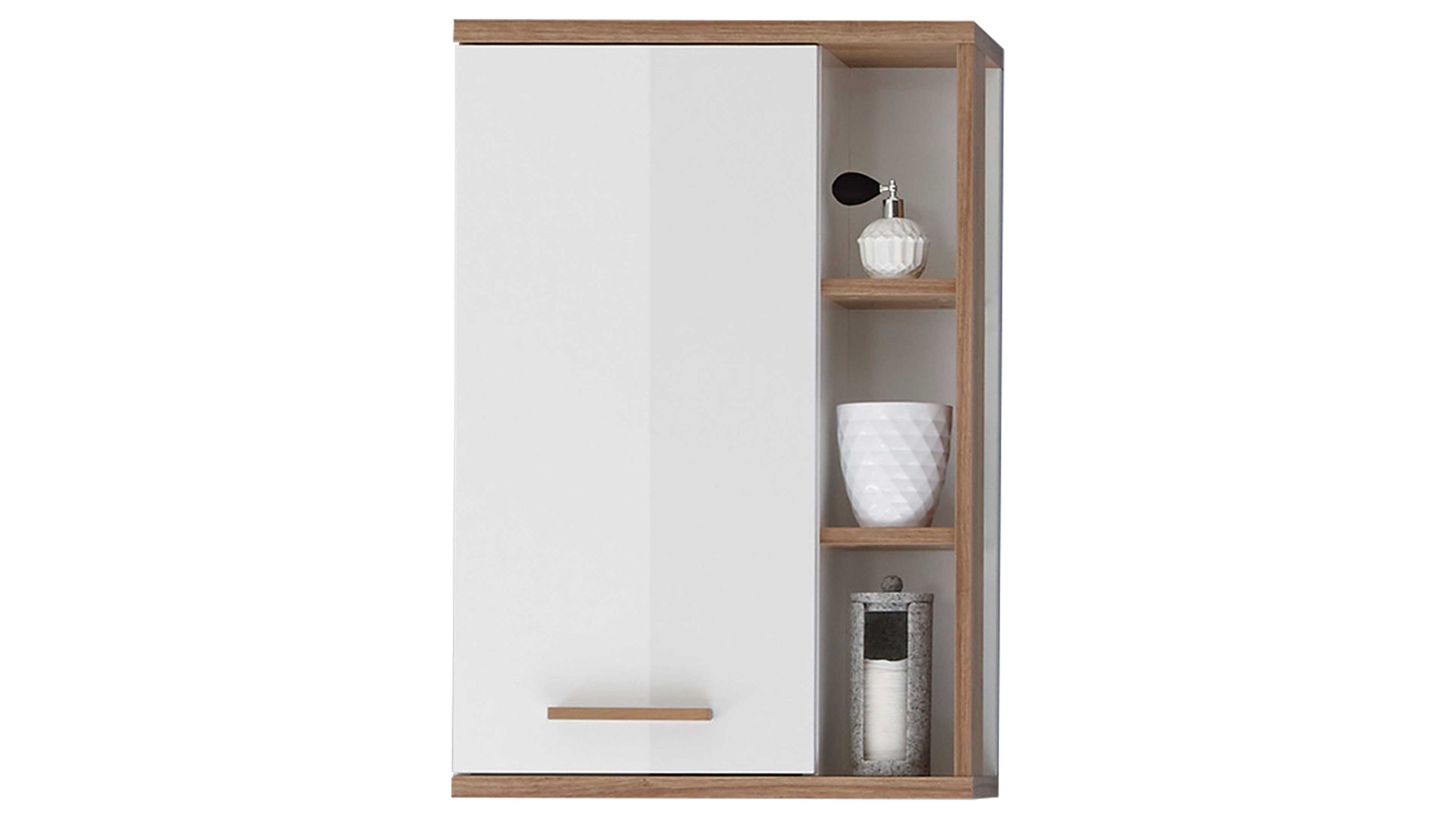 Hängeschrank mit Tür und offenen Fächern in Weiß und Holzoptik Hängeschrank mit einer weißen Tür und drei offenen Regalfächern in Holzoptik