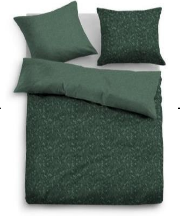 Dunkelgrünes Bettwäsche-Set mit zwei Kissen und Decke, von oben fotografiert, dezentes Muster sichtbar