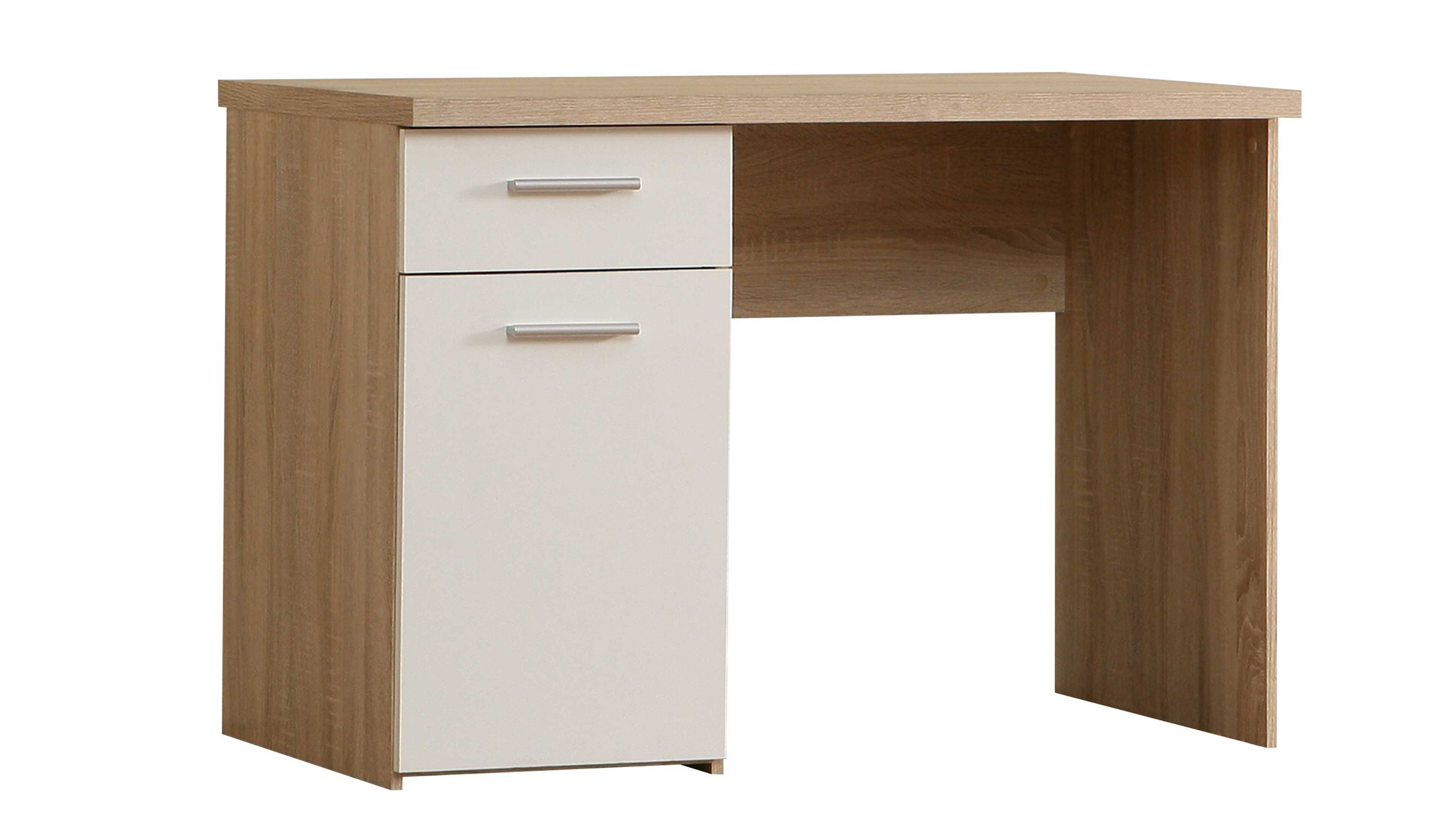 Schreibtisch mit Tür und Schublade in Holz und Weiß Schreibtisch mit rechteckiger Platte in Holzoptik eine weiße Tür und eine weiße Schublade mit Griffen