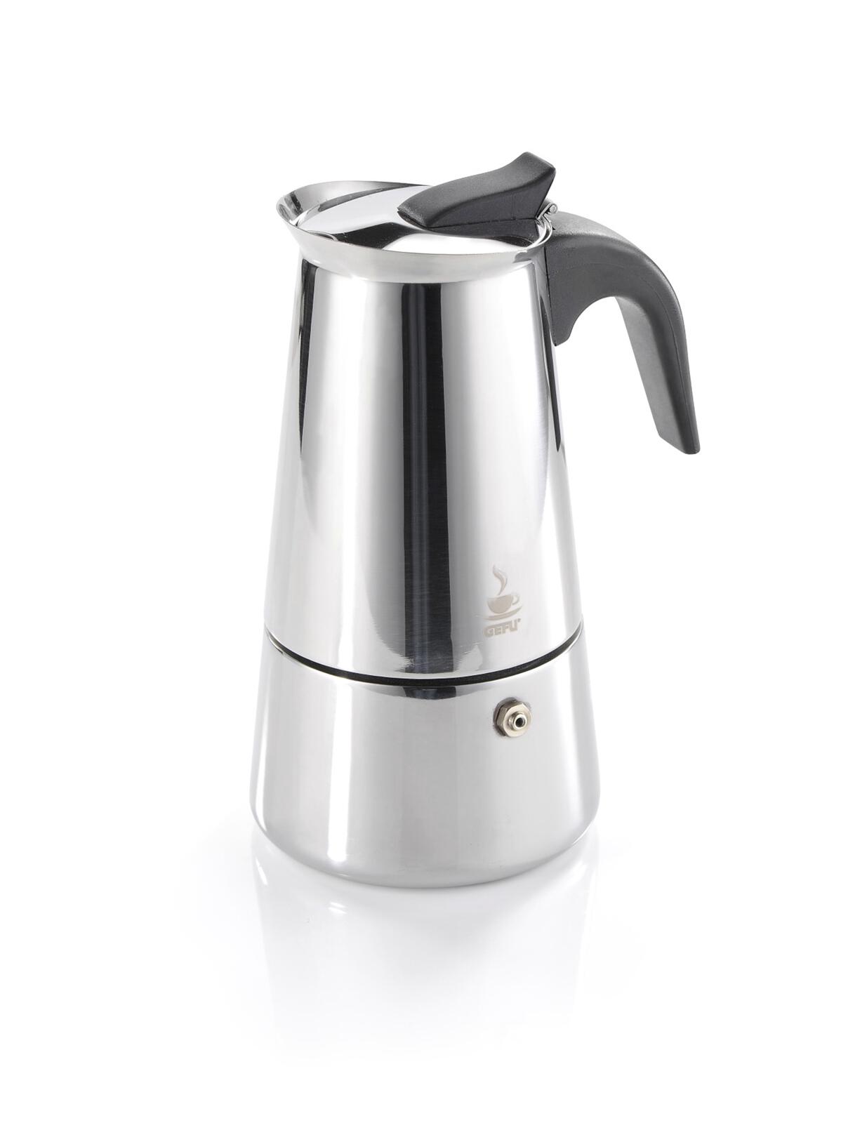 Frontalansicht eines zylindrischen Espressokochers aus Edelstahl mit schwarzem Griff und Deckel