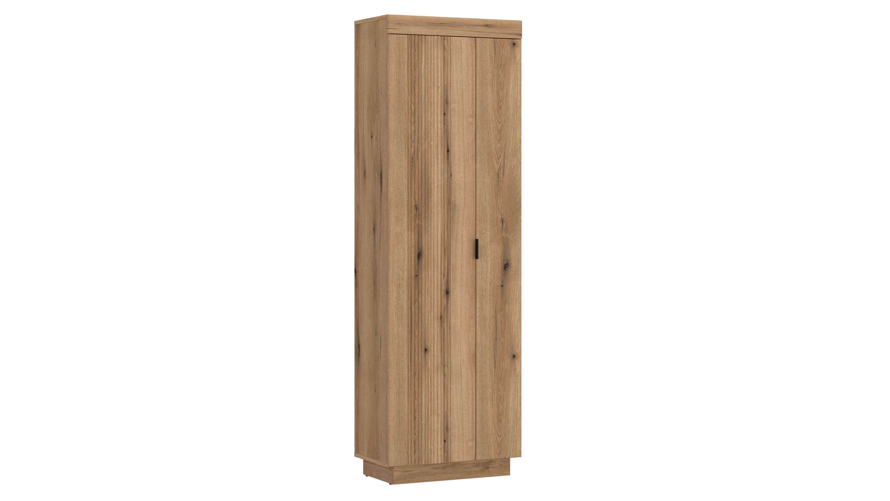 Garderobenschrank mit zwei Türen in Holzoptik und schwarzem Griff Schmaler Garderobenschrank mit zwei Türen in Holzoptik und schwarzem Griff