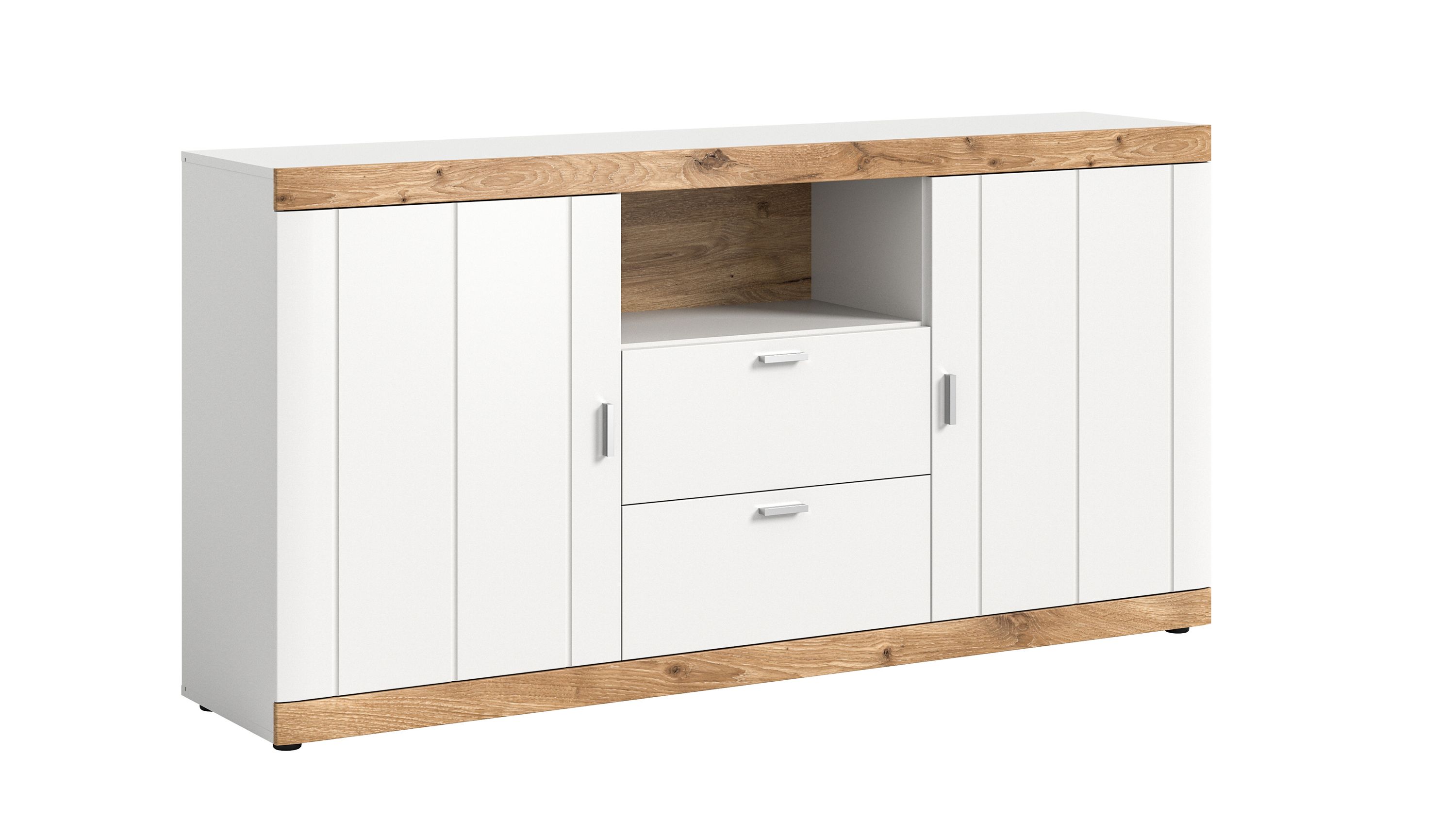 Sideboard mit zwei weißen Türen zwei weißen Schubladen und Holzoptik oben und unten