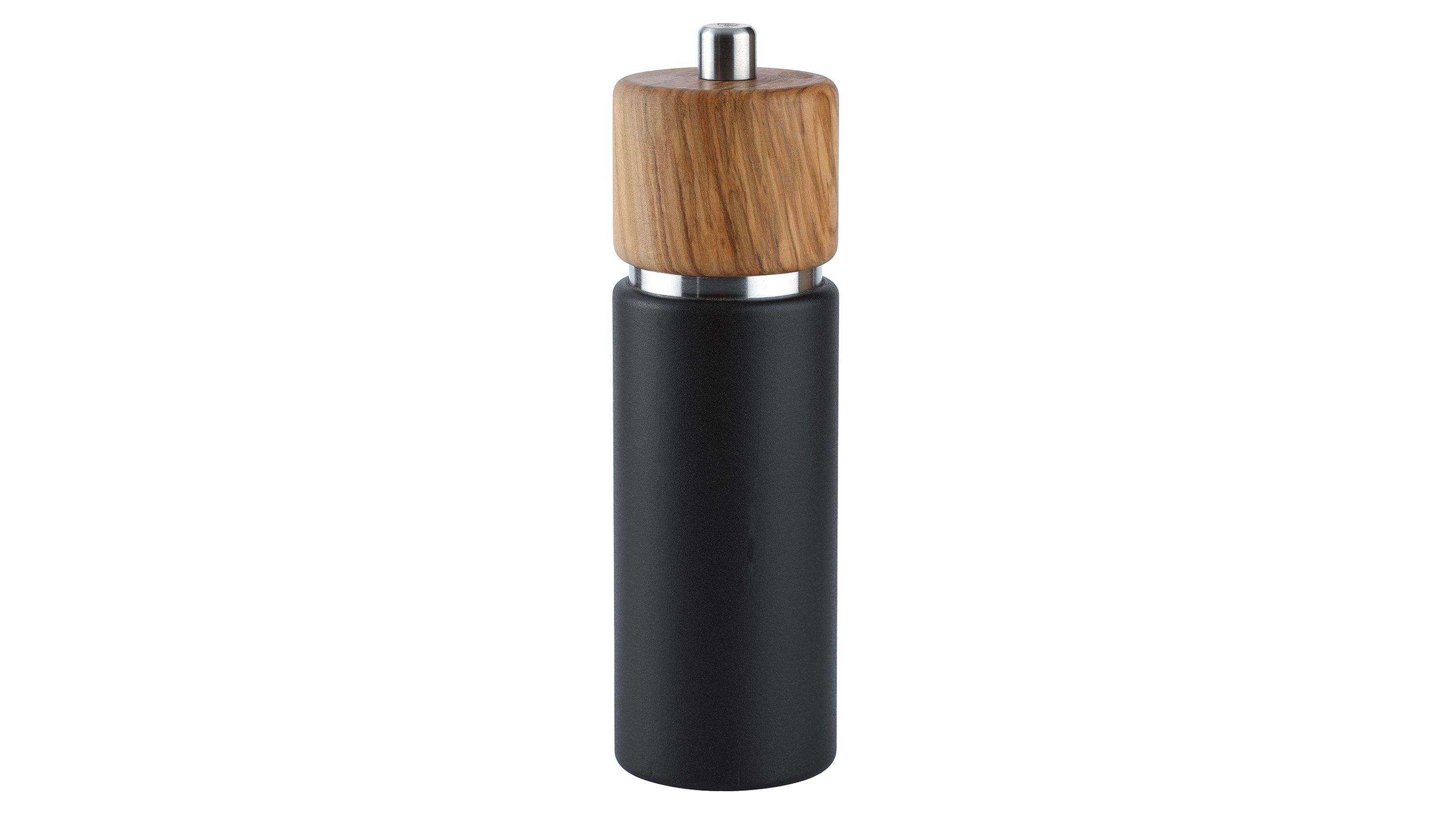 Zylindrische Pfeffermühle mit schwarzem Körper und hellem Holzgriff