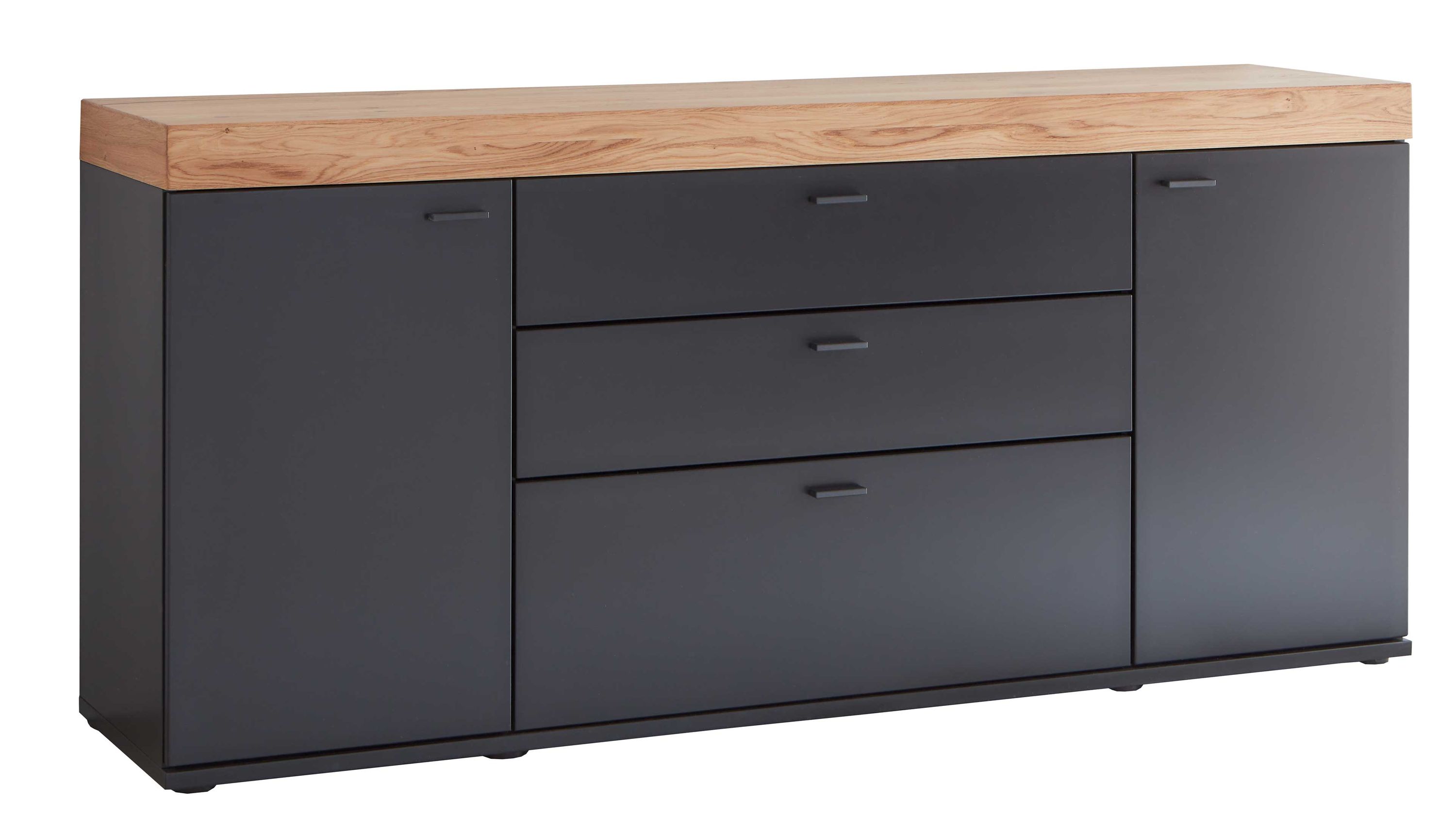 Sideboard mit zwei Türen und drei Schubladen in schwarzgrau mit hellbrauner Oberfläche