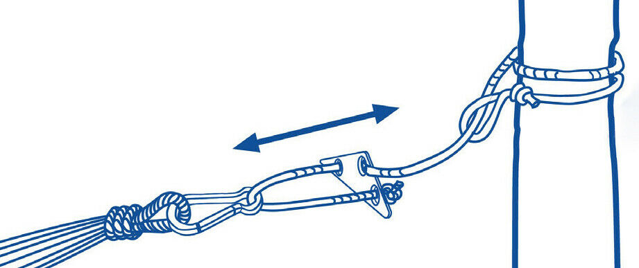 Blau-weiße Zeichnung verstellbares Hängemattenseil mit Karabiner an Baum Zugrichtungspfeil erklärende Darstellung