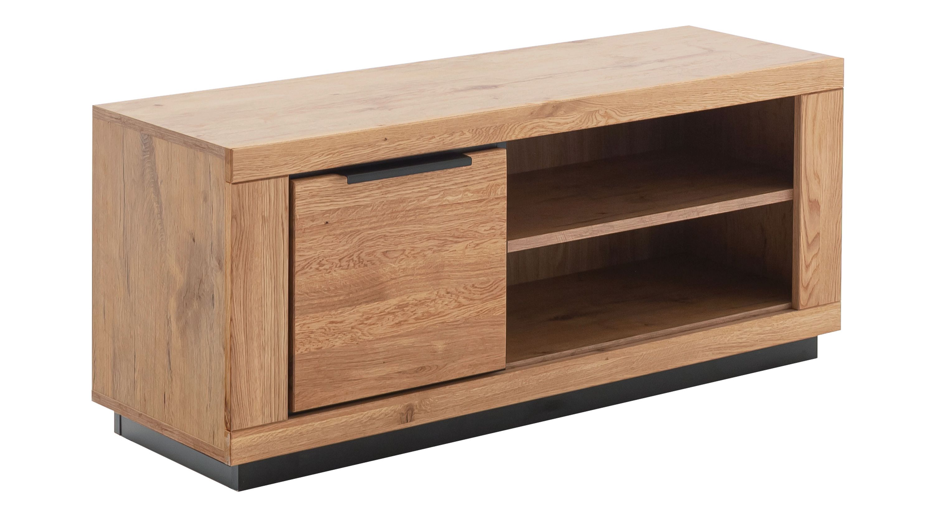 TV-Lowboard mit Tür und offenen Fächern in Holzoptik Rechteckiges TV-Lowboard mit einer Tür links und zwei offenen Fächern rechts in Holzoptik