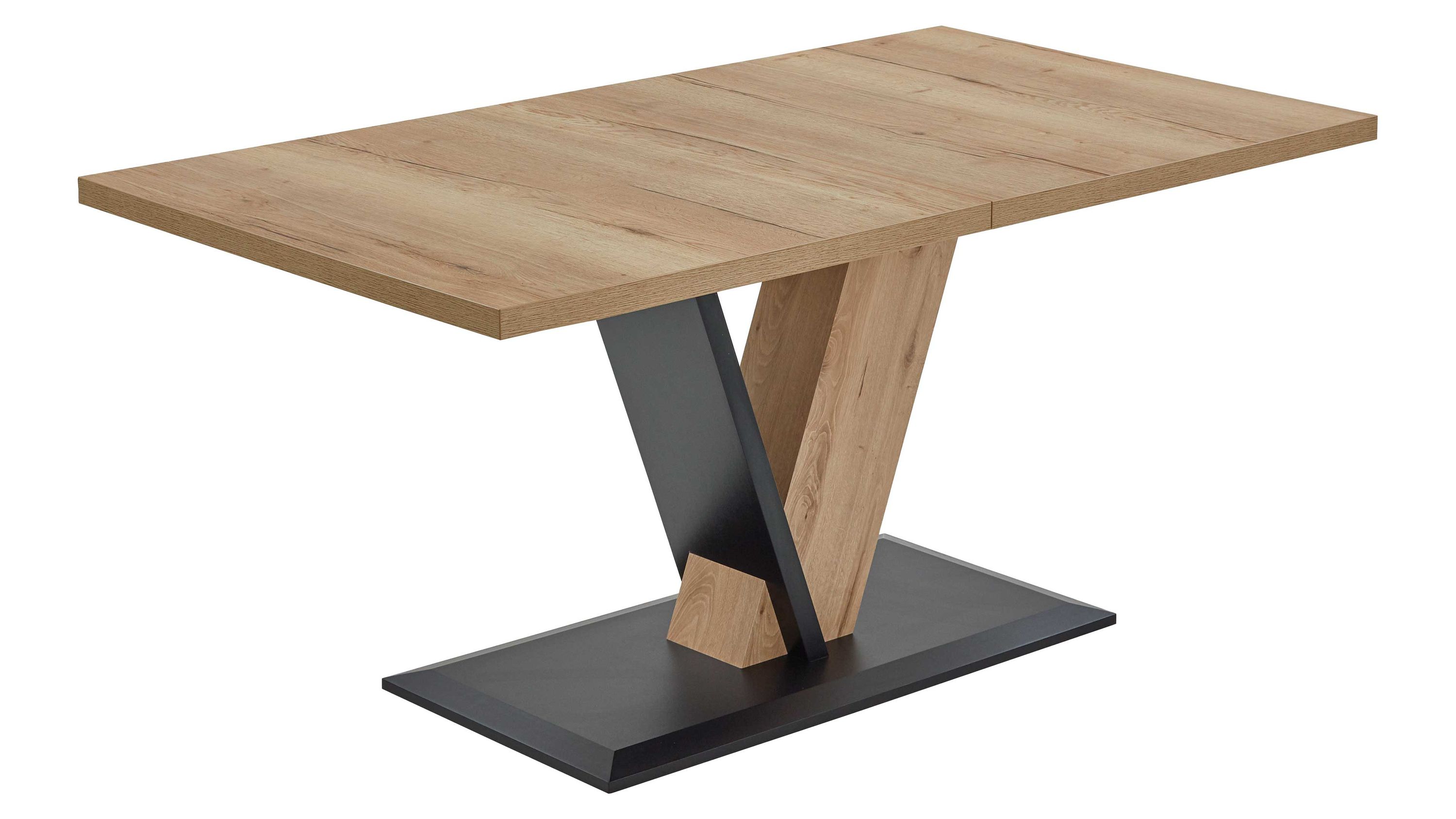 Auszugtisch mit V-förmigem Gestell in Holz und Schwarz Auszugtisch mit rechteckiger Platte in Holzoptik und V-förmigem Gestell in Schwarz und Holzfarben